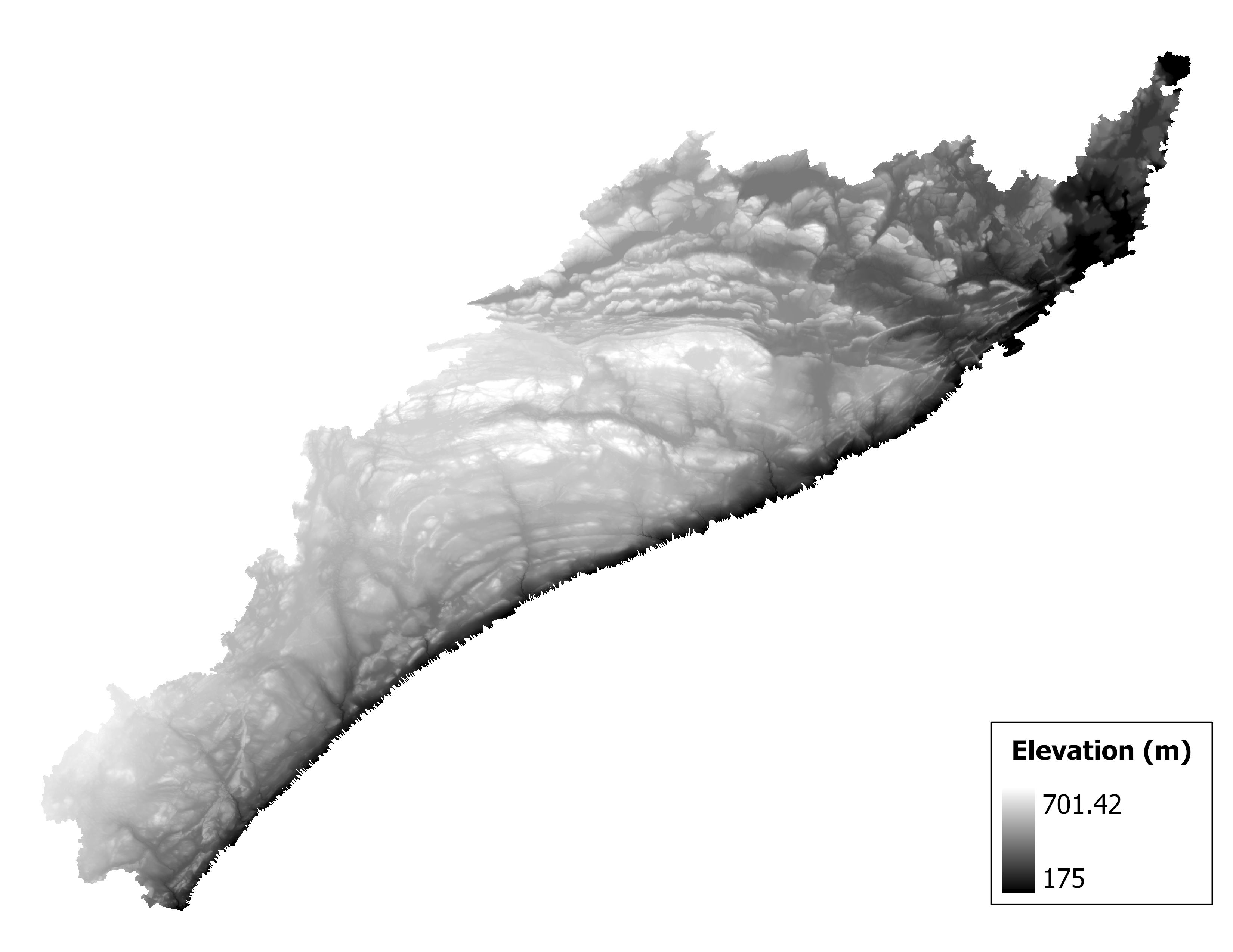 Figure 1.2: Map of elevation in the Baptism-Brule subbasin. Blue stars indicate the watershed drainage point.