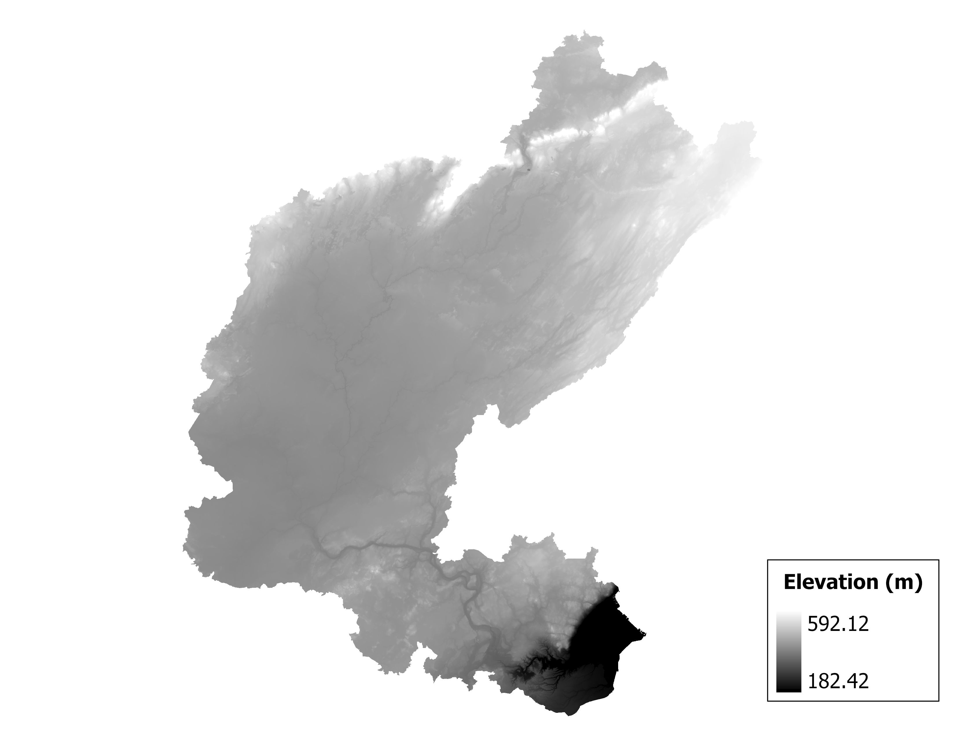 Figure 1.2: Map of elevation in the St. Louis subbasin. Blue stars indicate the watershed drainage point.