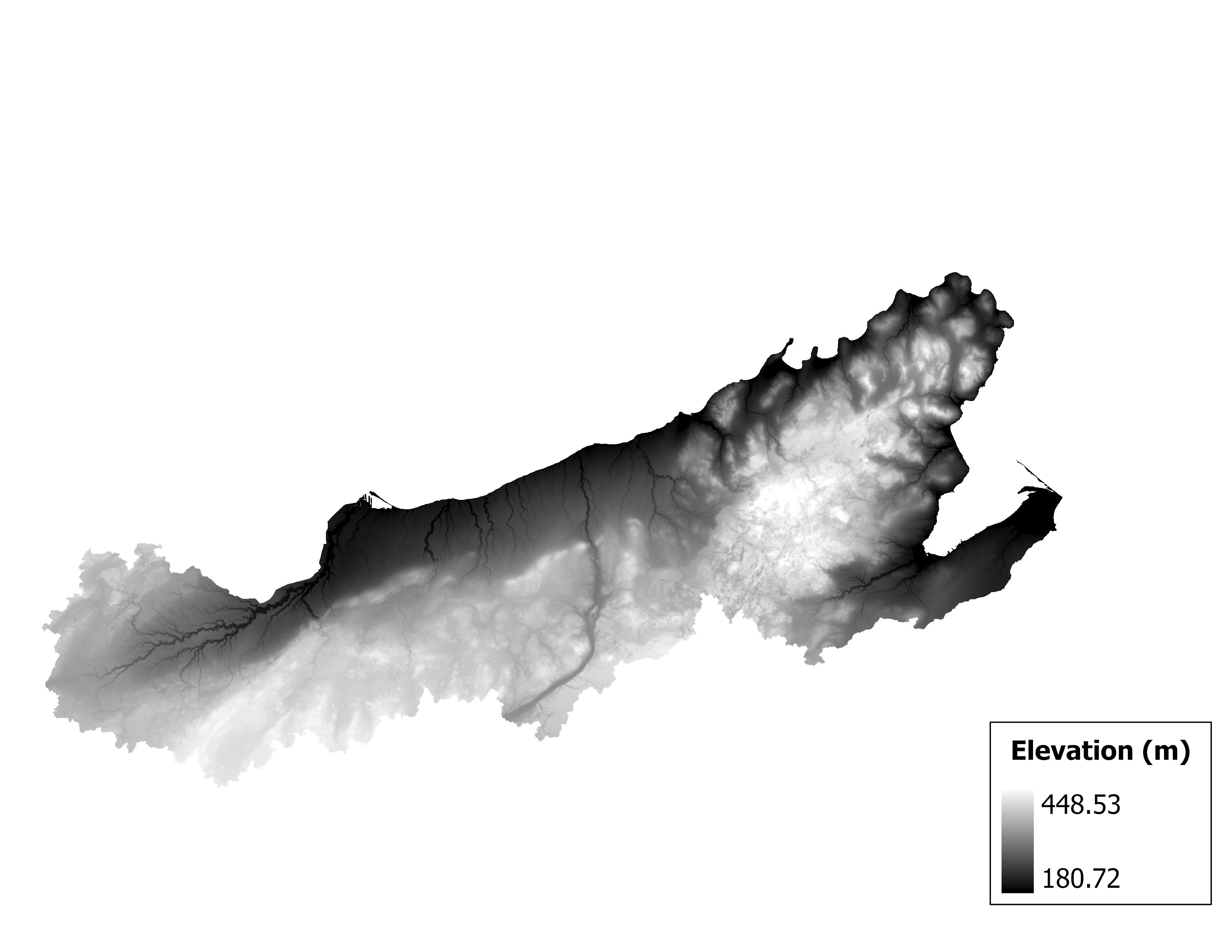 Figure 1.2: Map of elevation in the Beartrap-Nemadji subbasin. Blue stars indicate the watershed drainage point.