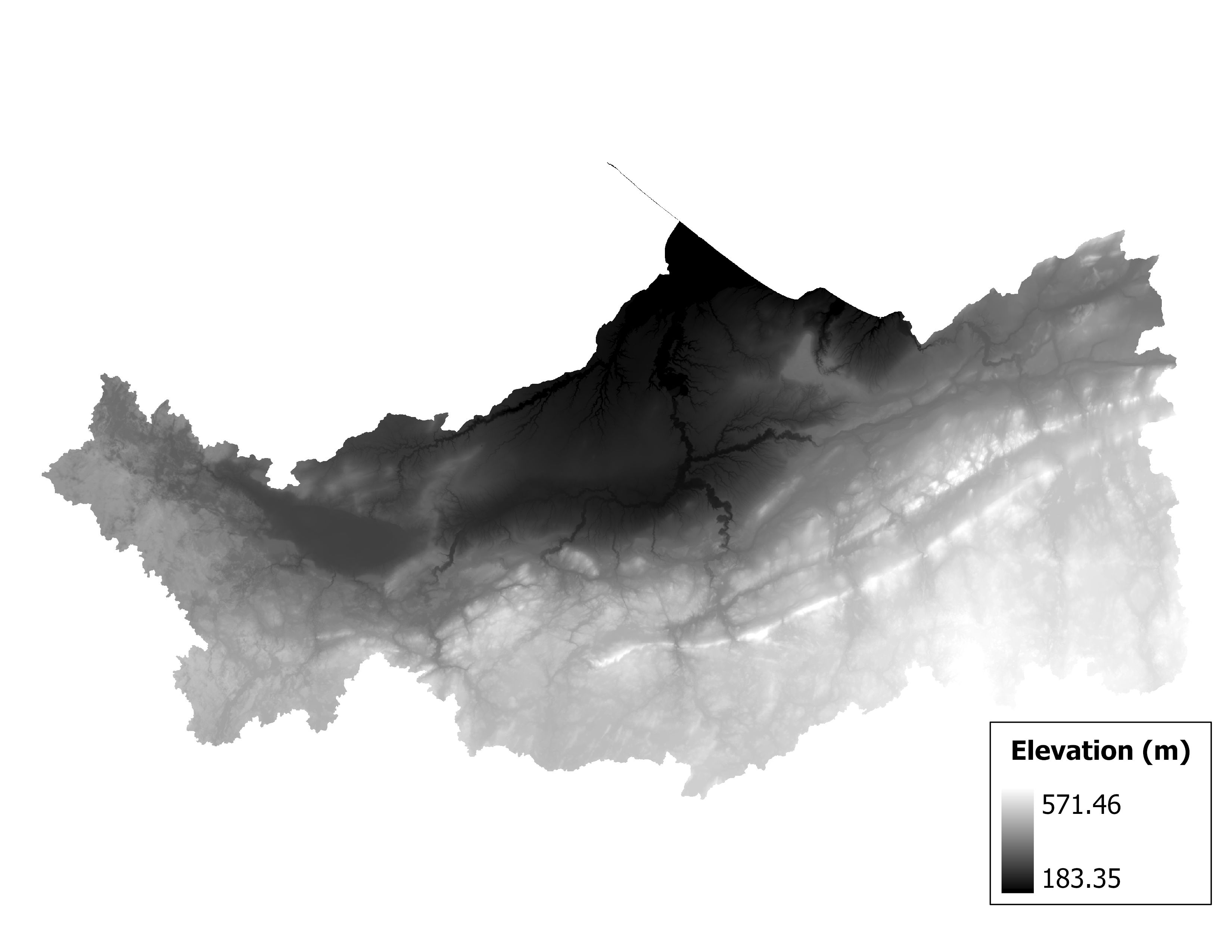 Figure 1.2: Map of elevation in the Bad-Montreal subbasin. Blue stars indicate the watershed drainage point.