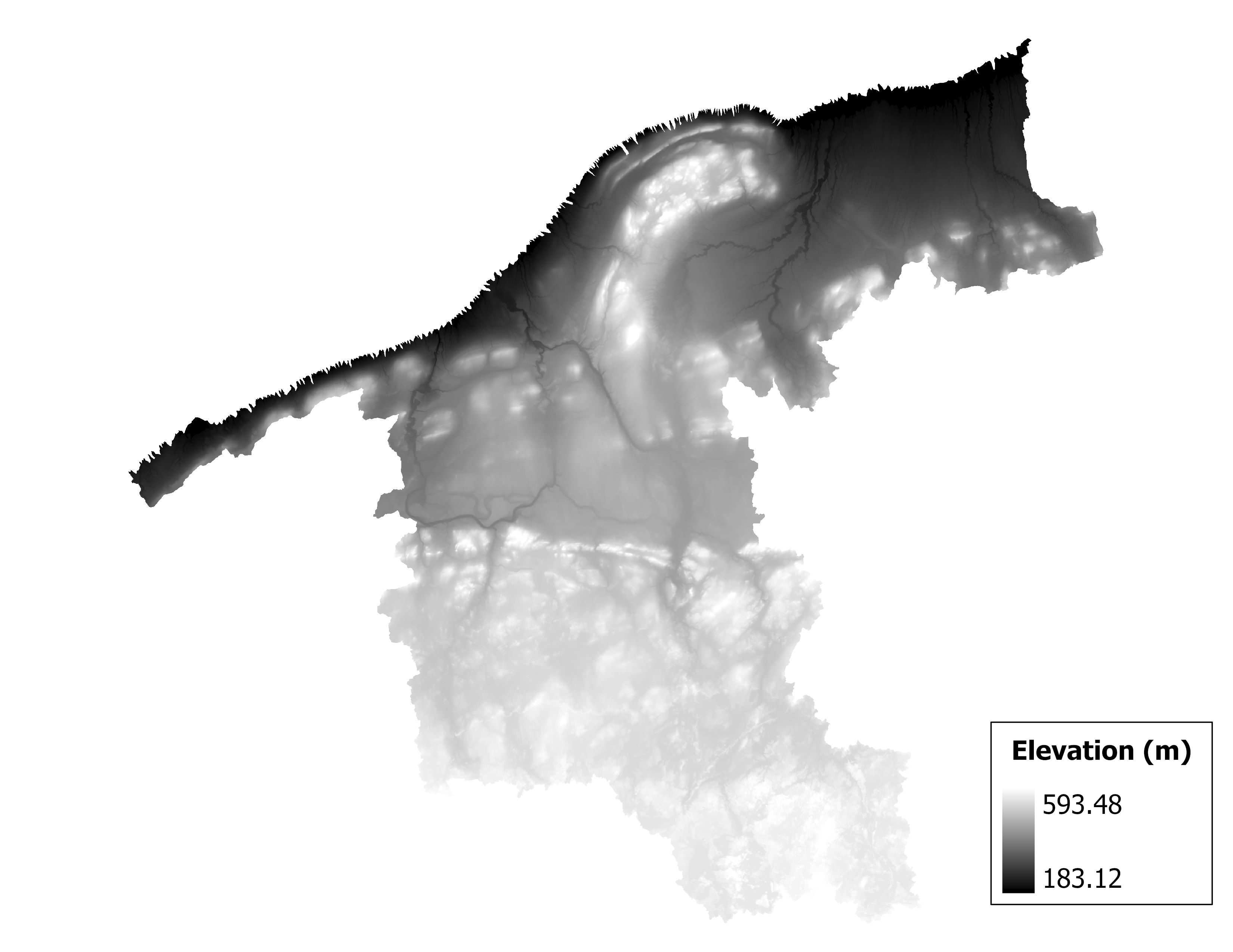 Figure 1.2: Map of elevation in the Black-Presque Isle subbasin. Blue stars indicate the watershed drainage point.