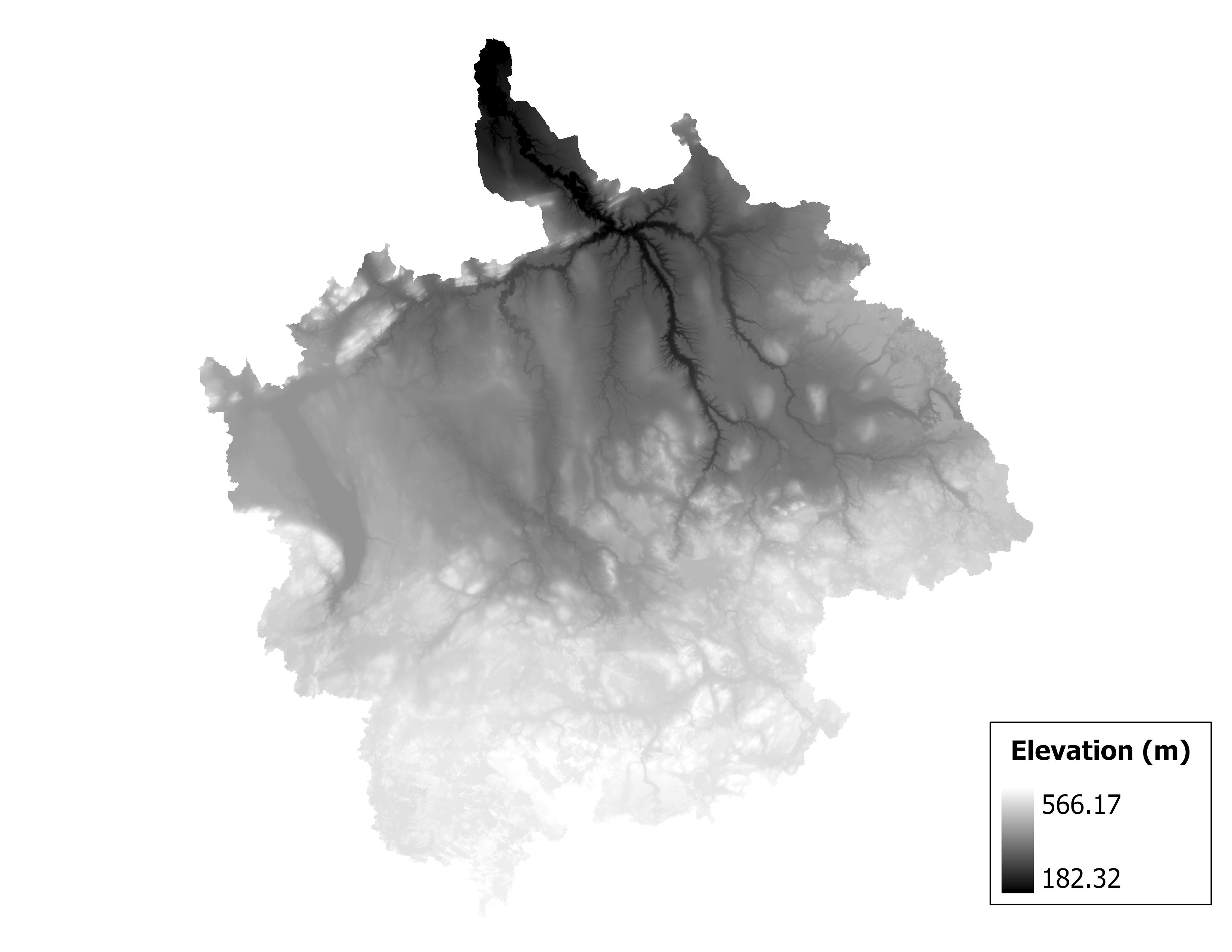 Figure 1.2: Map of elevation in the Ontonagon subbasin. Blue stars indicate the watershed drainage point.