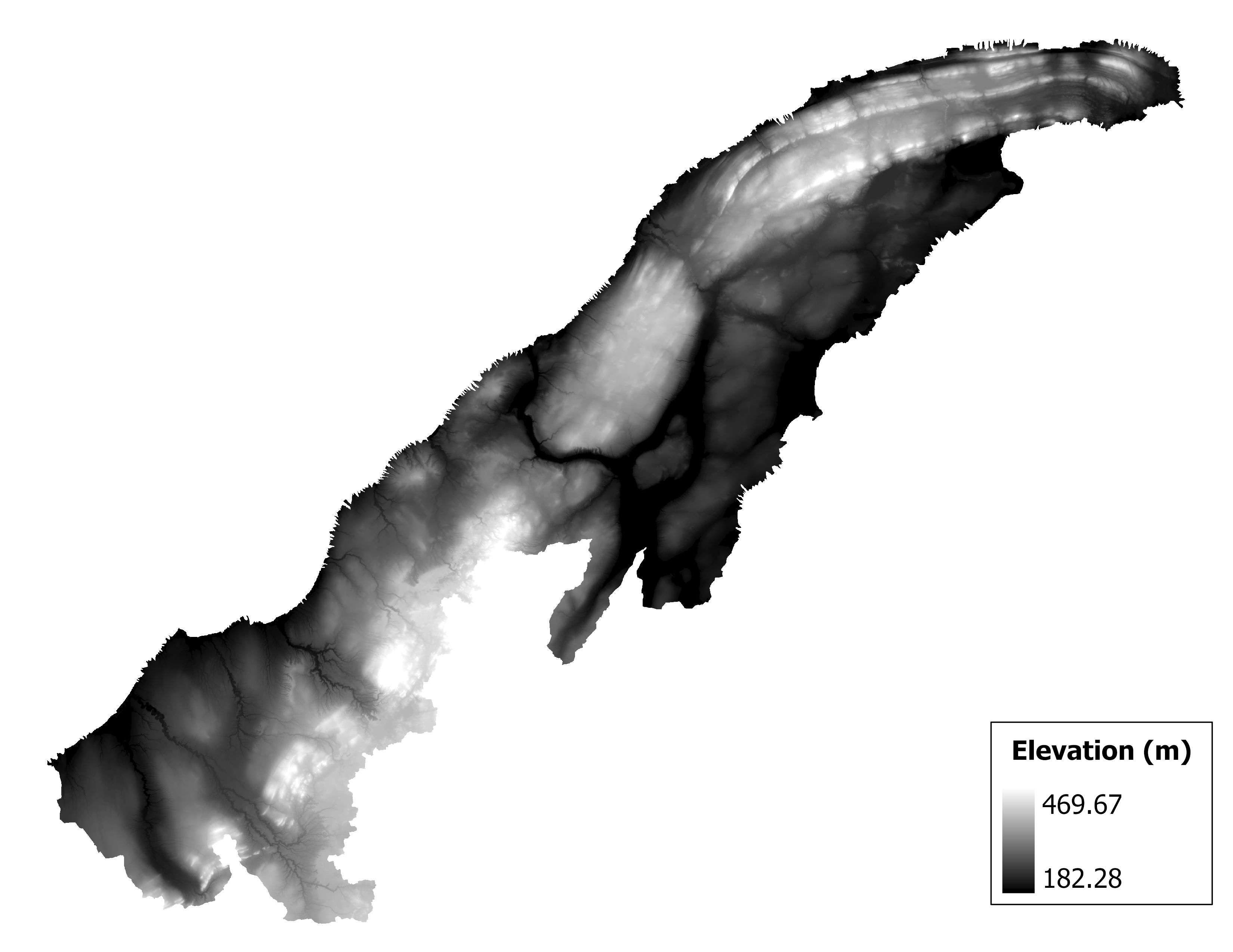 Figure 1.2: Map of elevation in the Keweenaw Peninsula subbasin. Blue stars indicate the watershed drainage point.