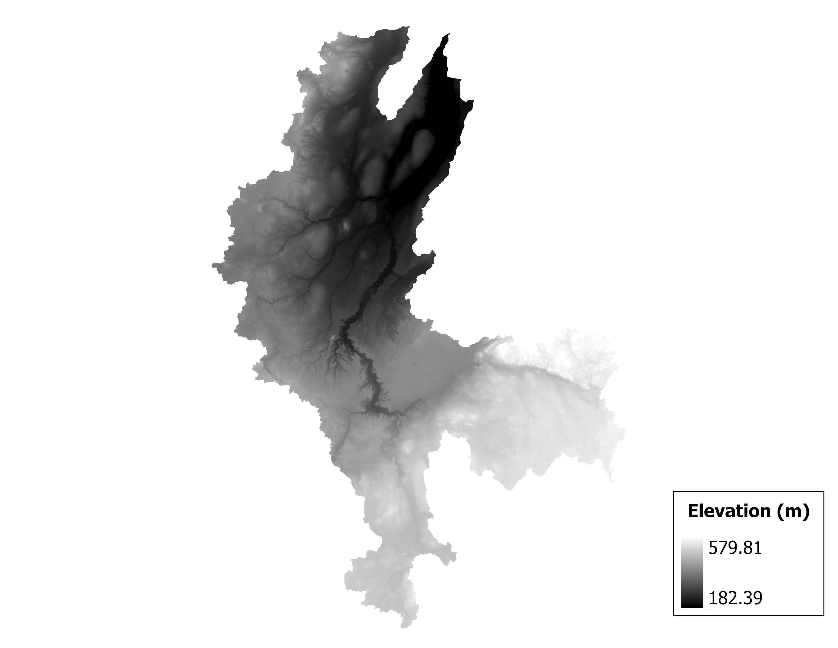 Figure 1.2: Map of elevation in the Sturgeon subbasin. Blue stars indicate the watershed drainage point.