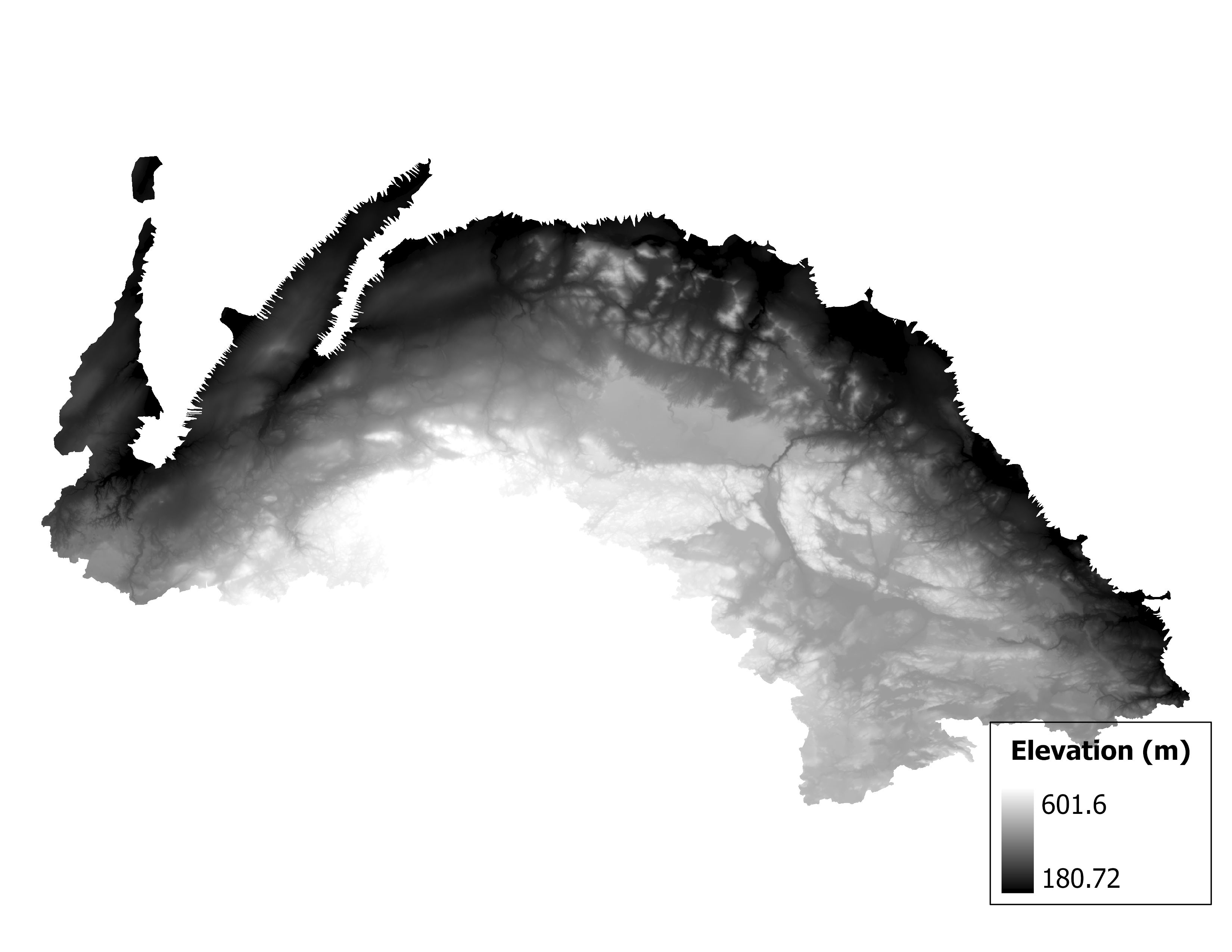 Figure 1.2: Map of elevation in the Dead-Kelsey subbasin. Blue stars indicate the watershed drainage point.