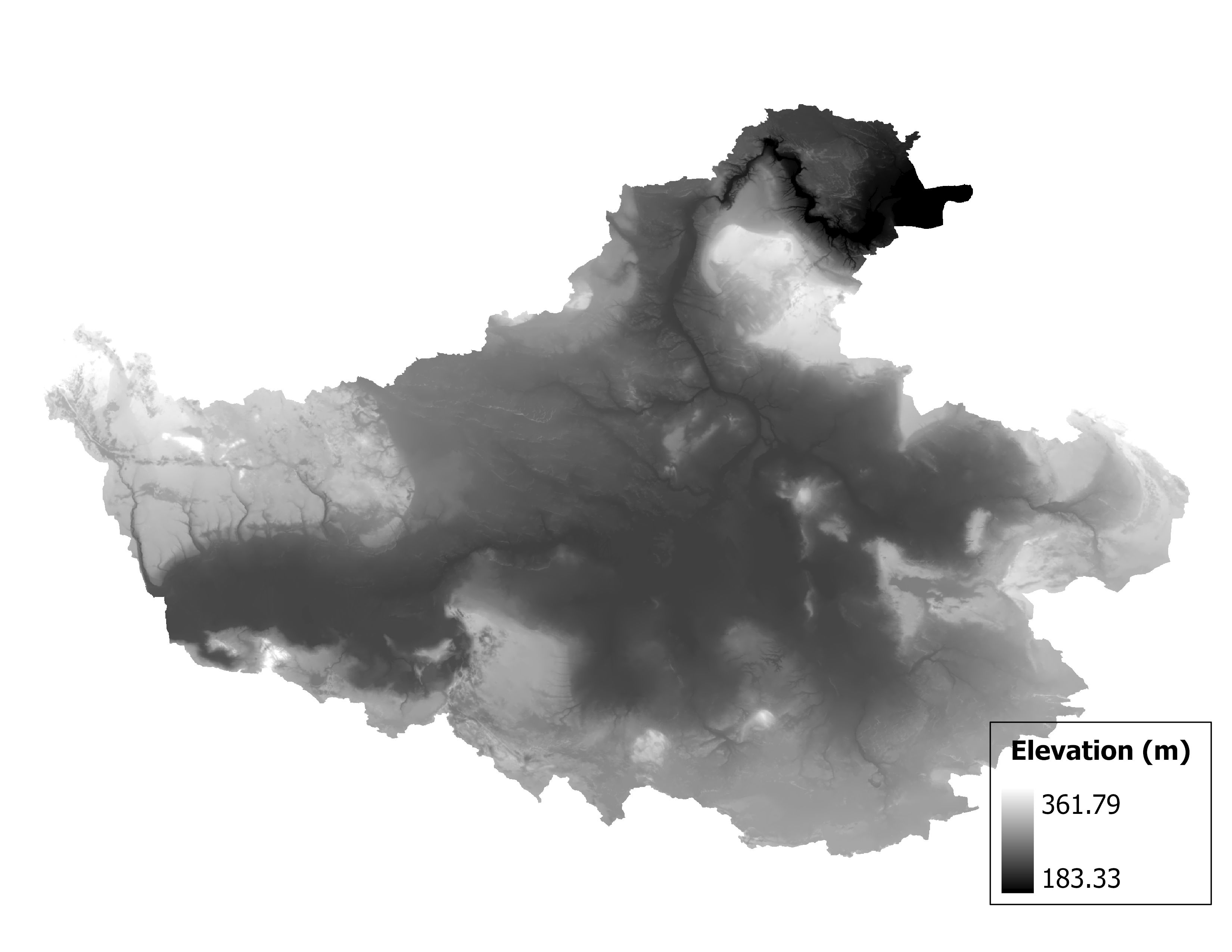 Figure 1.2: Map of elevation in the Tahquamenon subbasin. Blue stars indicate the watershed drainage point.