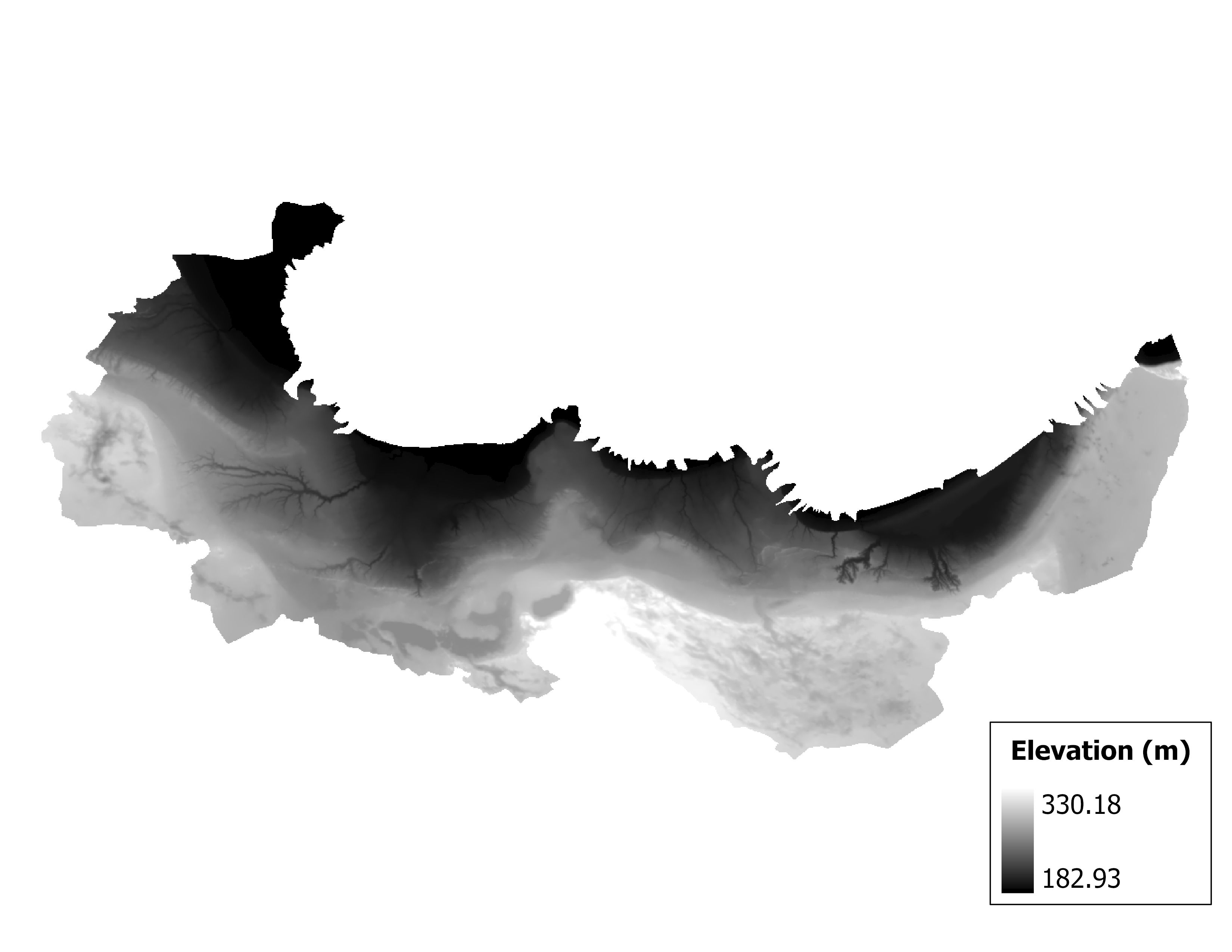 Figure 1.2: Map of elevation in the Waiska subbasin. Blue stars indicate the watershed drainage point.