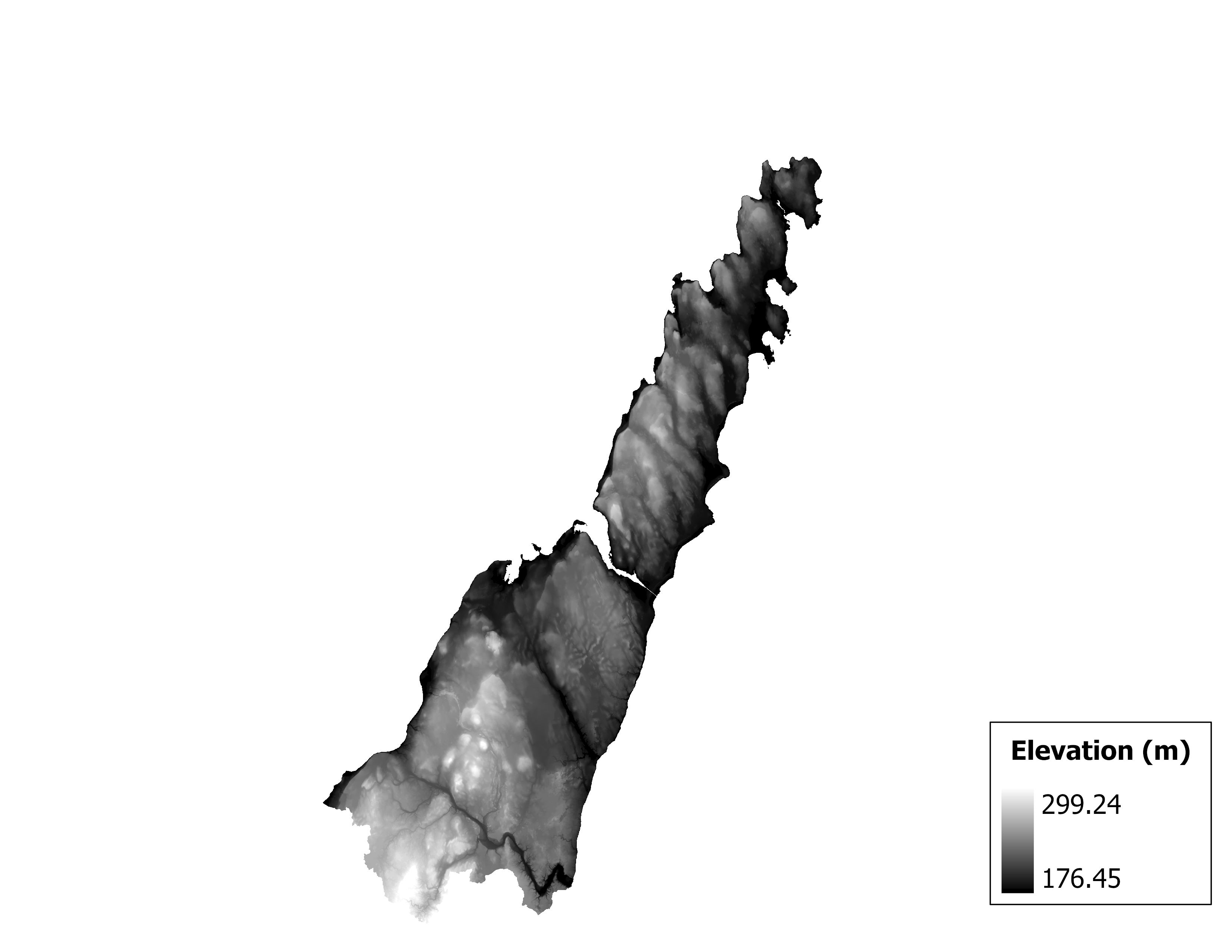 Figure 1.2: Map of elevation in the Door-Kewaunee subbasin. Blue stars indicate the watershed drainage point.