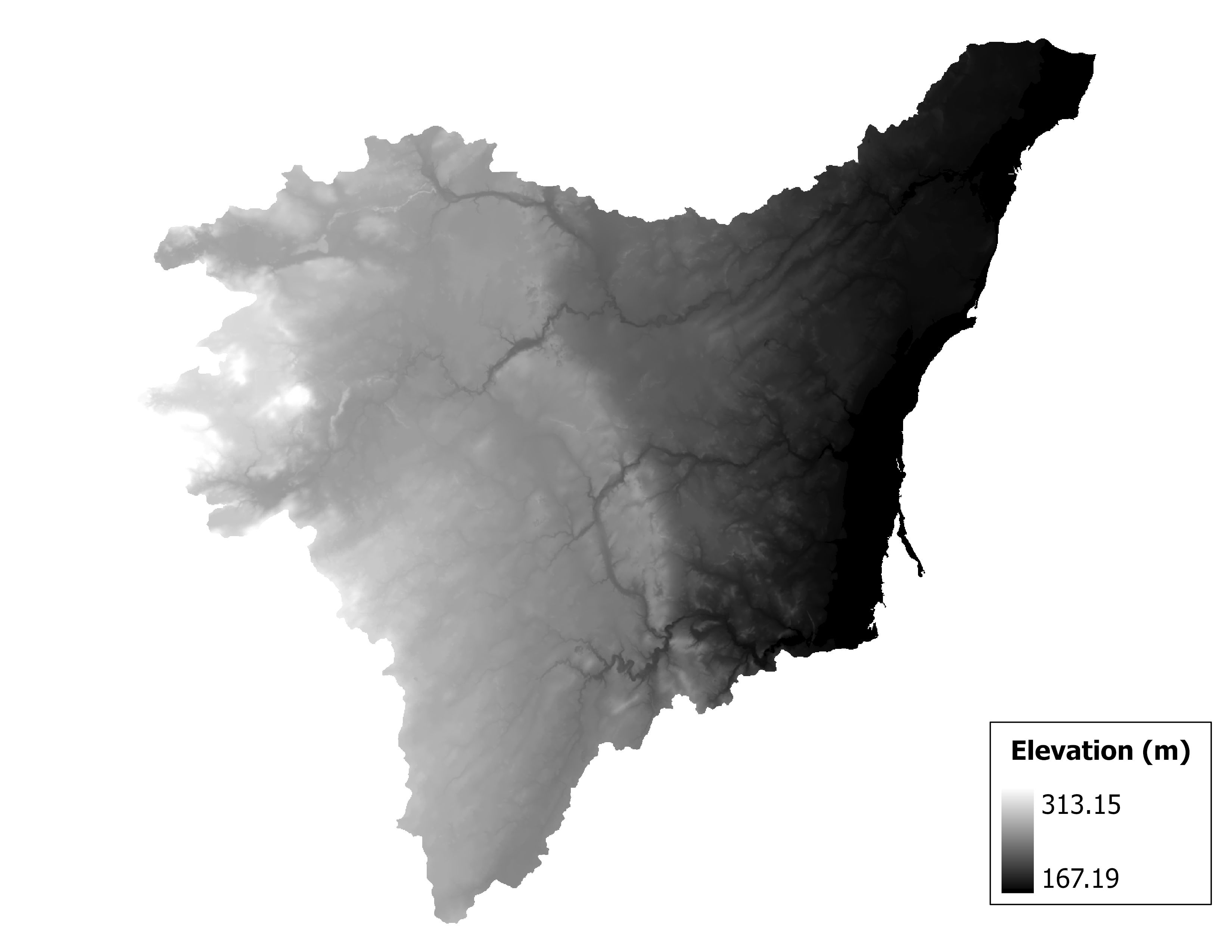 Figure 1.2: Map of elevation in the Duck-Pensaukee subbasin. Blue stars indicate the watershed drainage point.