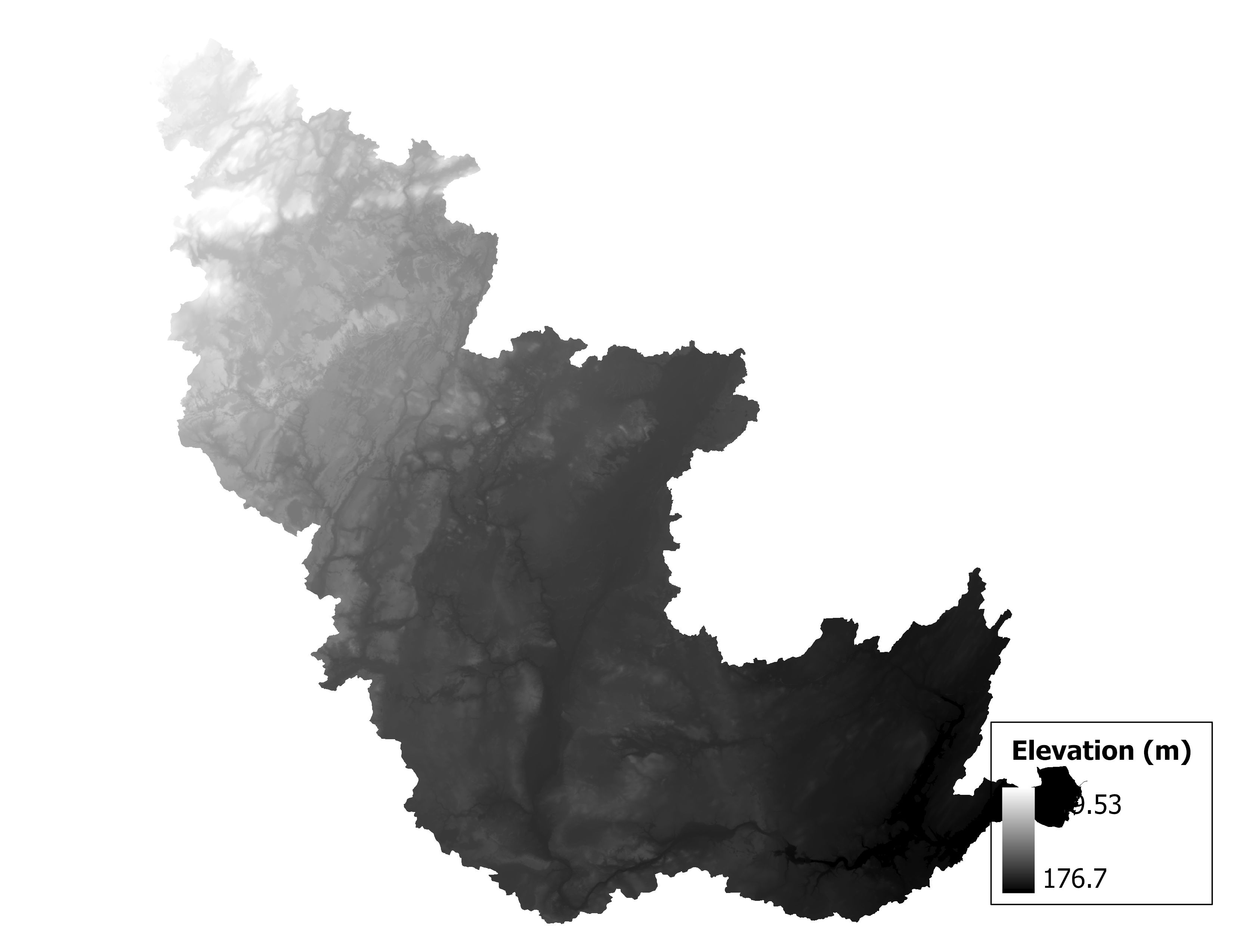 Figure 1.2: Map of elevation in the Oconto subbasin. Blue stars indicate the watershed drainage point.