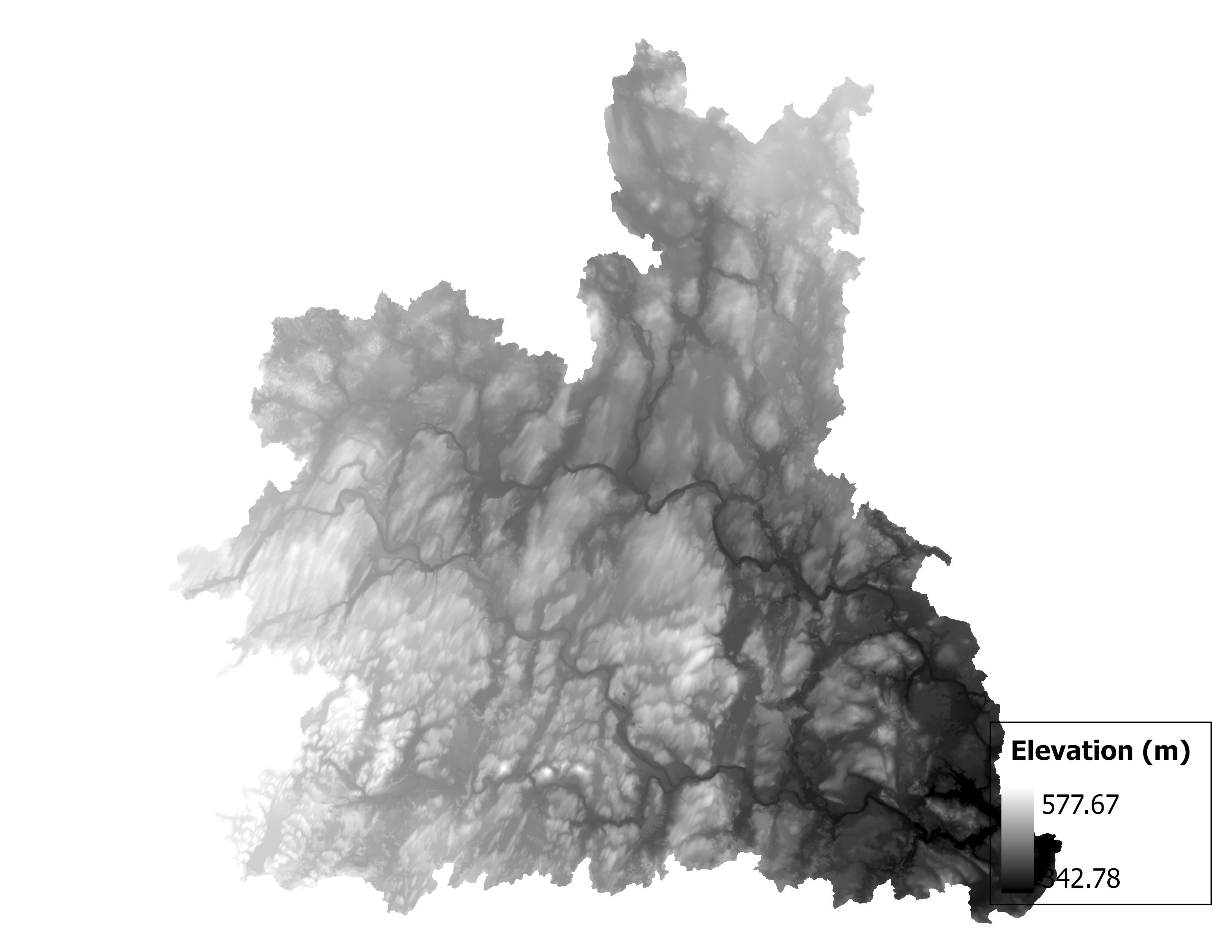 Figure 1.2: Map of elevation in the Brule subbasin. Blue stars indicate the watershed drainage point.