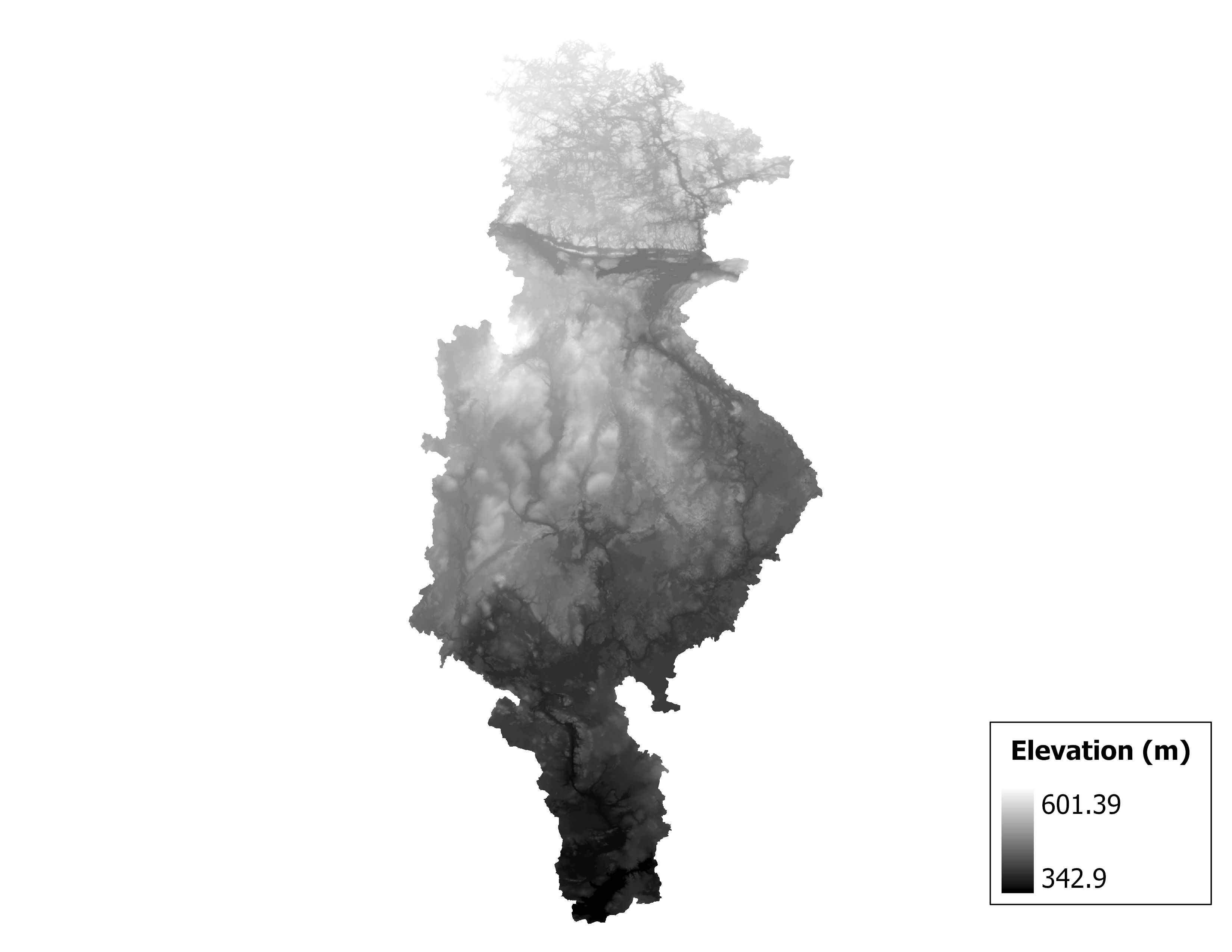 Figure 1.2: Map of elevation in the Michigamme subbasin. Blue stars indicate the watershed drainage point.