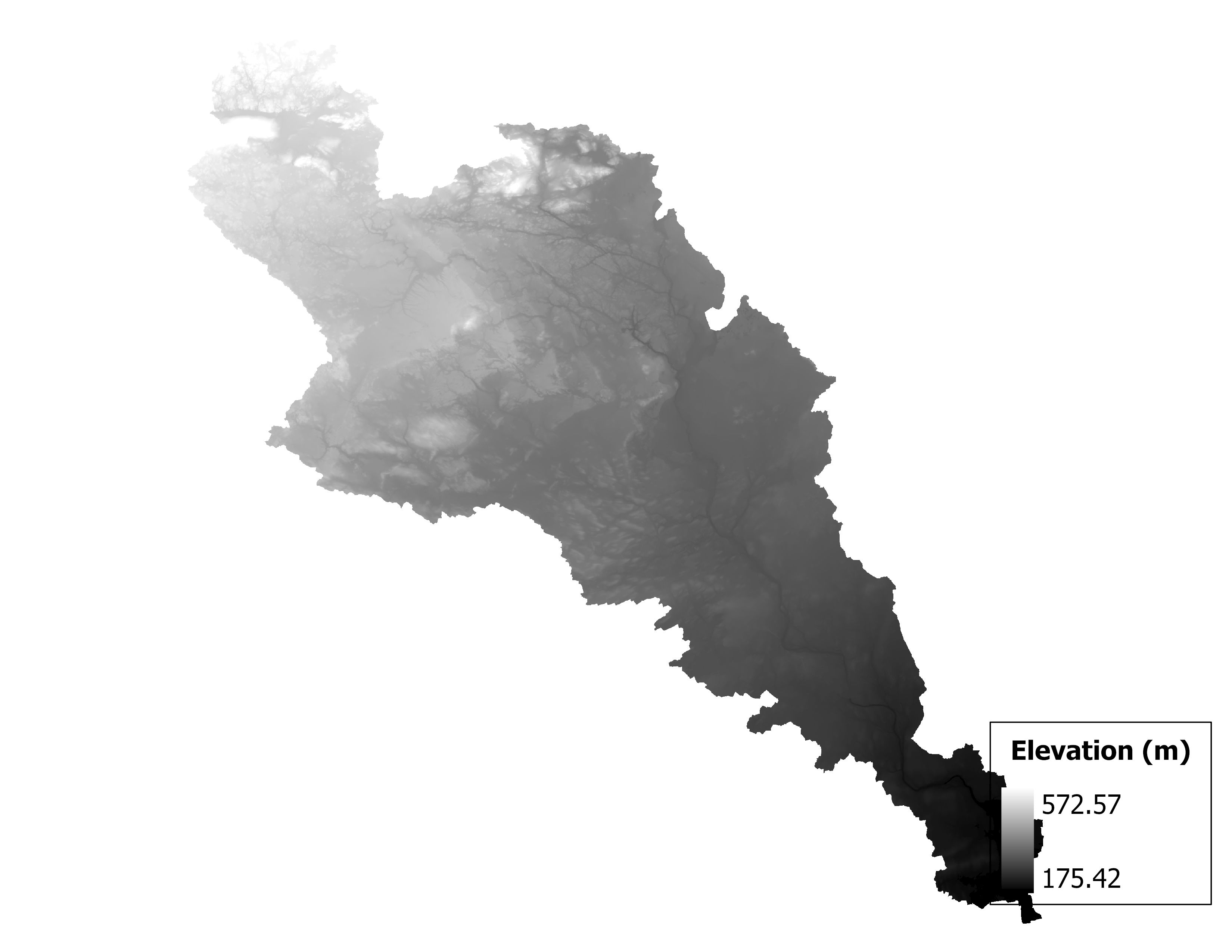 Figure 1.2: Map of elevation in the Escanaba subbasin. Blue stars indicate the watershed drainage point.