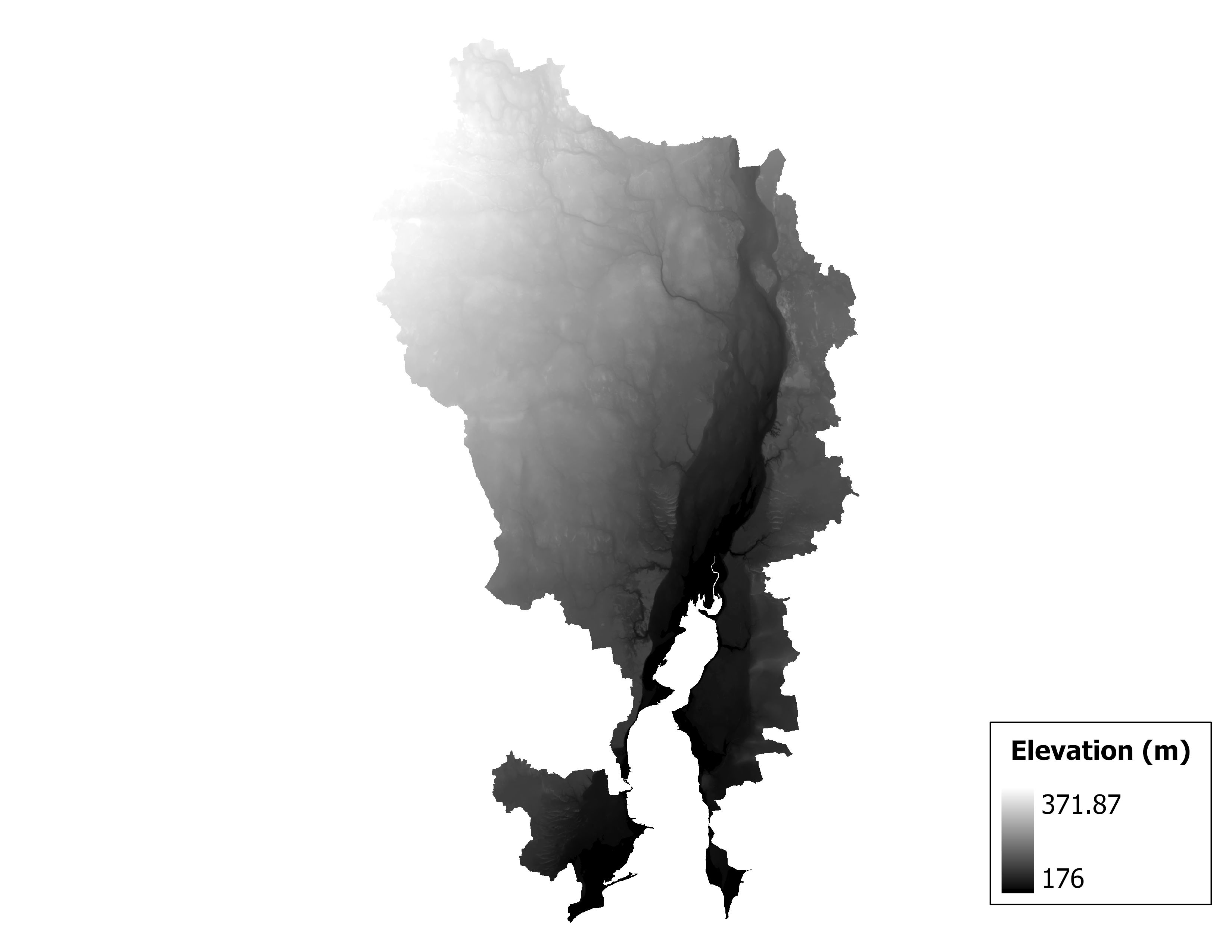 Figure 1.2: Map of elevation in the Tacoosh-Whitefish subbasin. Blue stars indicate the watershed drainage point.