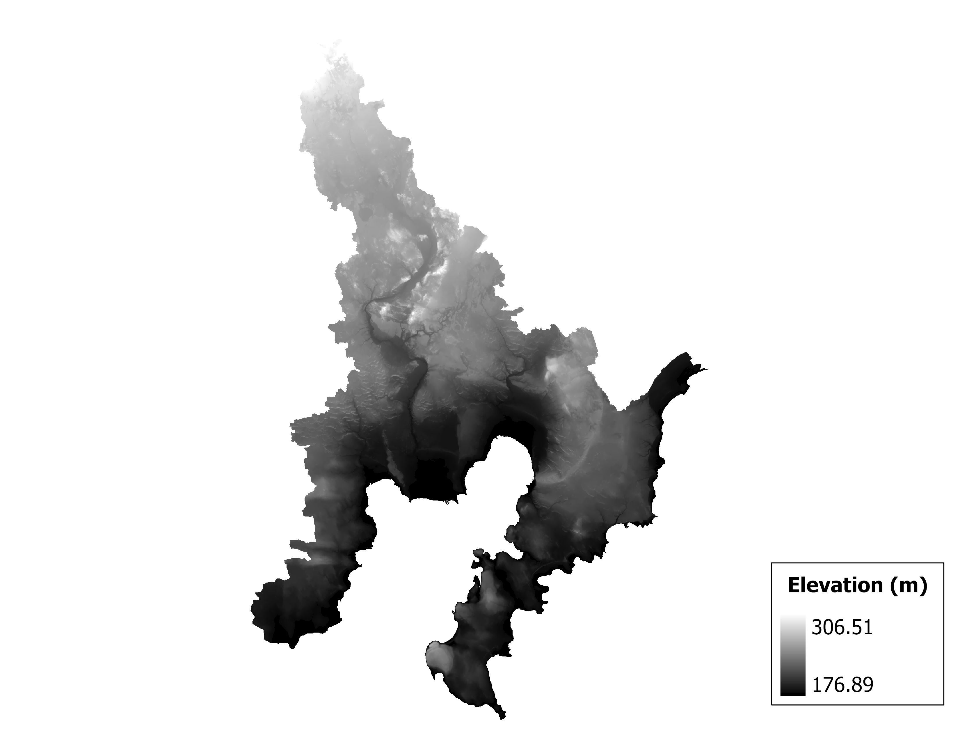 Figure 1.2: Map of elevation in the Fishdam-Sturgeon subbasin. Blue stars indicate the watershed drainage point.