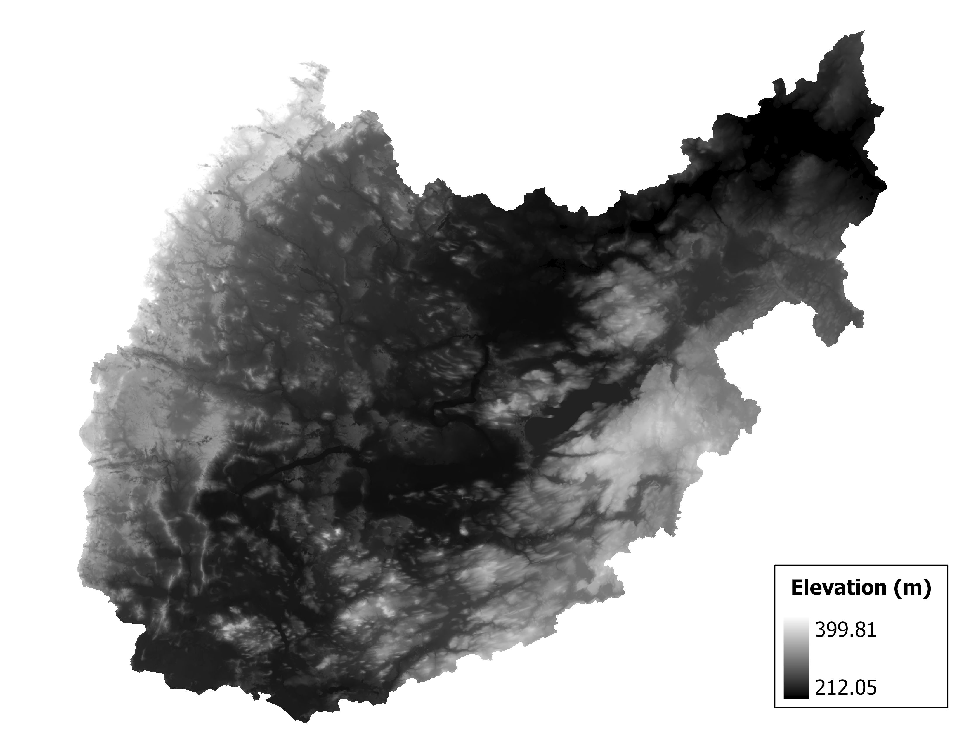 Figure 1.2: Map of elevation in the Upper Fox subbasin. Blue stars indicate the watershed drainage point.