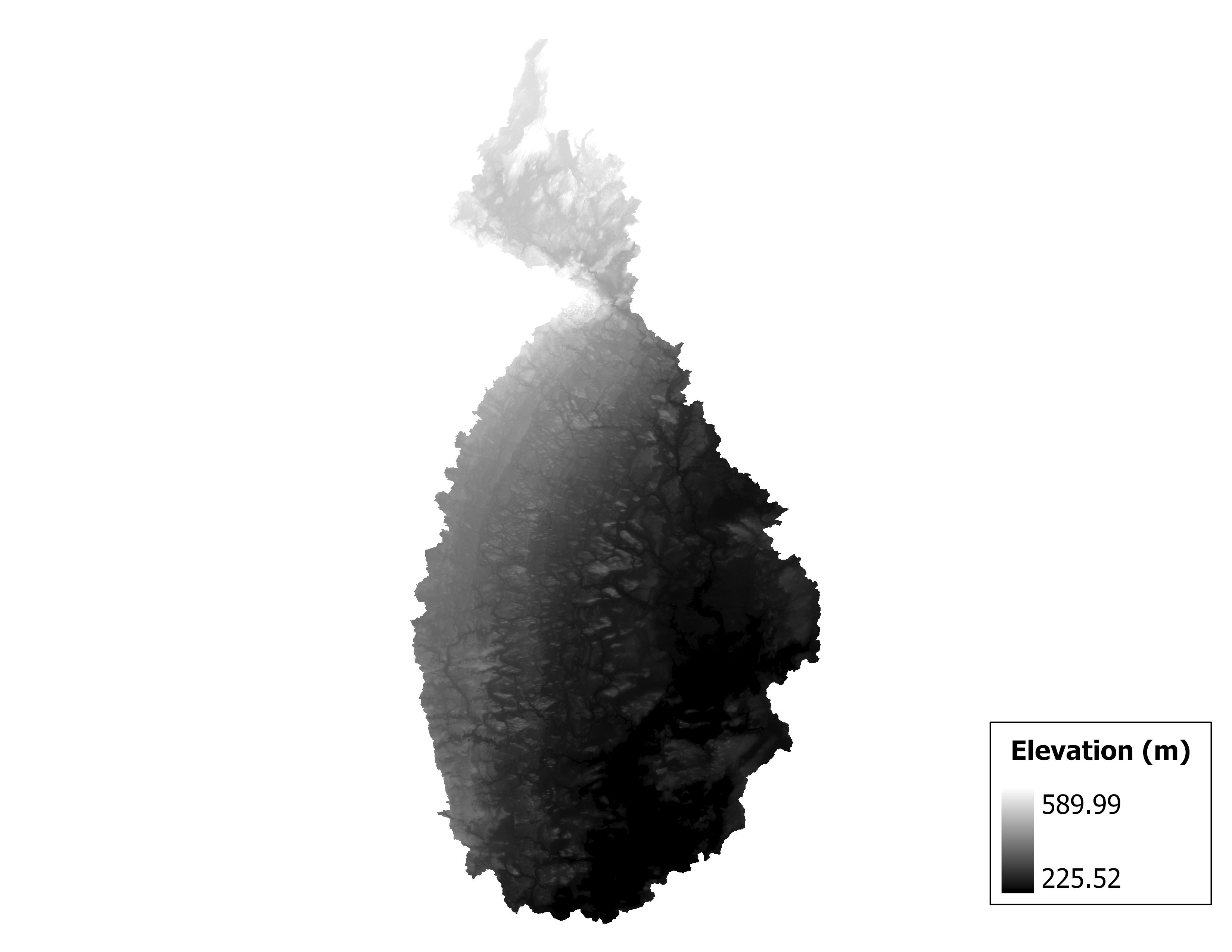 Figure 1.2: Map of elevation in the Wolf subbasin. Blue stars indicate the watershed drainage point.