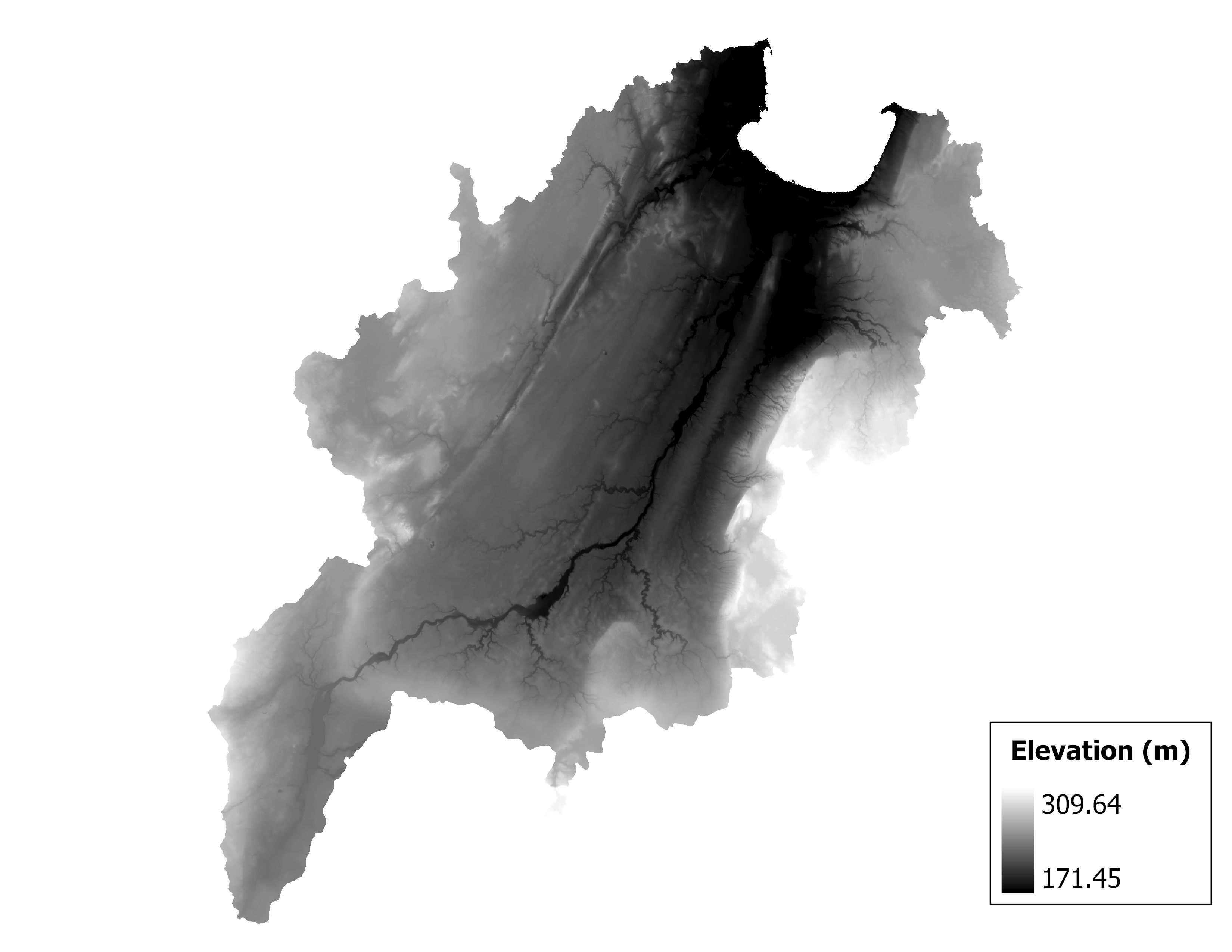 Figure 1.2: Map of elevation in the Lower Fox subbasin. Blue stars indicate the watershed drainage point.