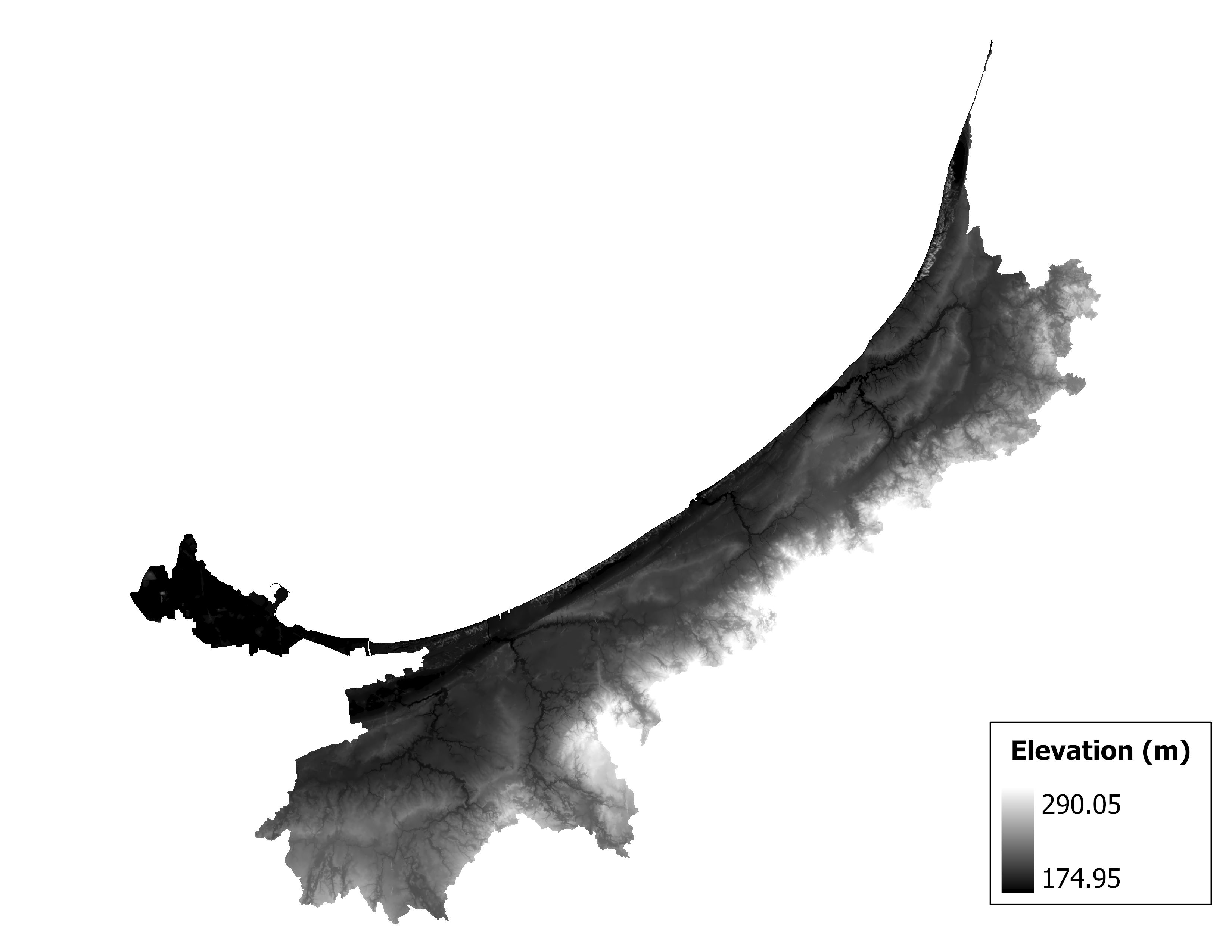 Figure 1.2: Map of elevation in the Little Calumet-Galien subbasin. Blue stars indicate the watershed drainage point.