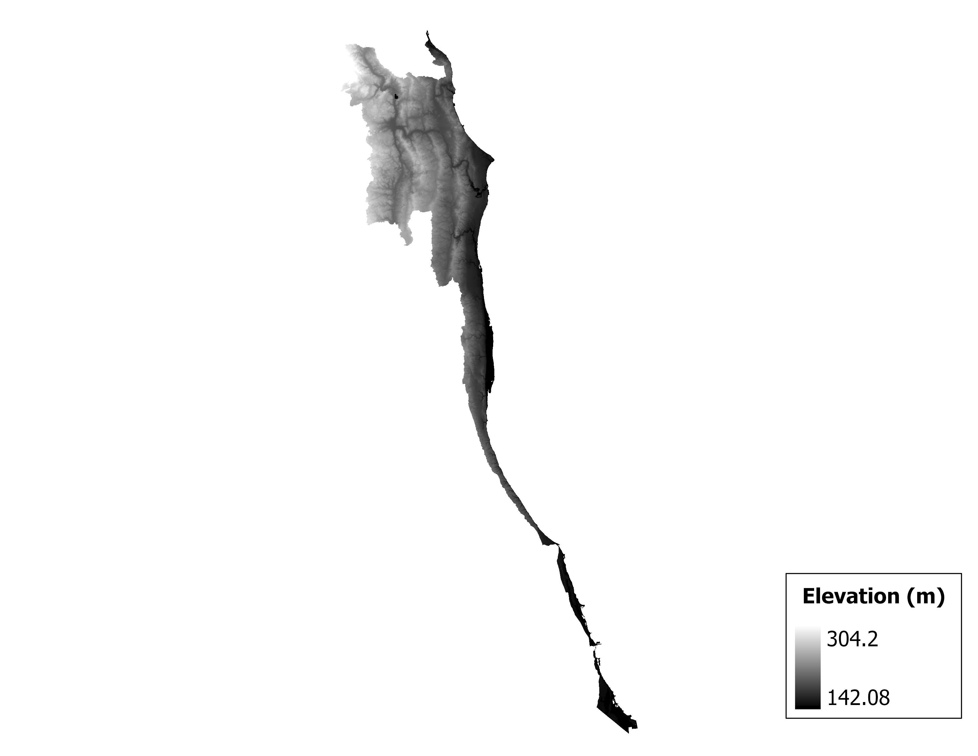 Figure 1.2: Map of elevation in the Pike-Root subbasin. Blue stars indicate the watershed drainage point.