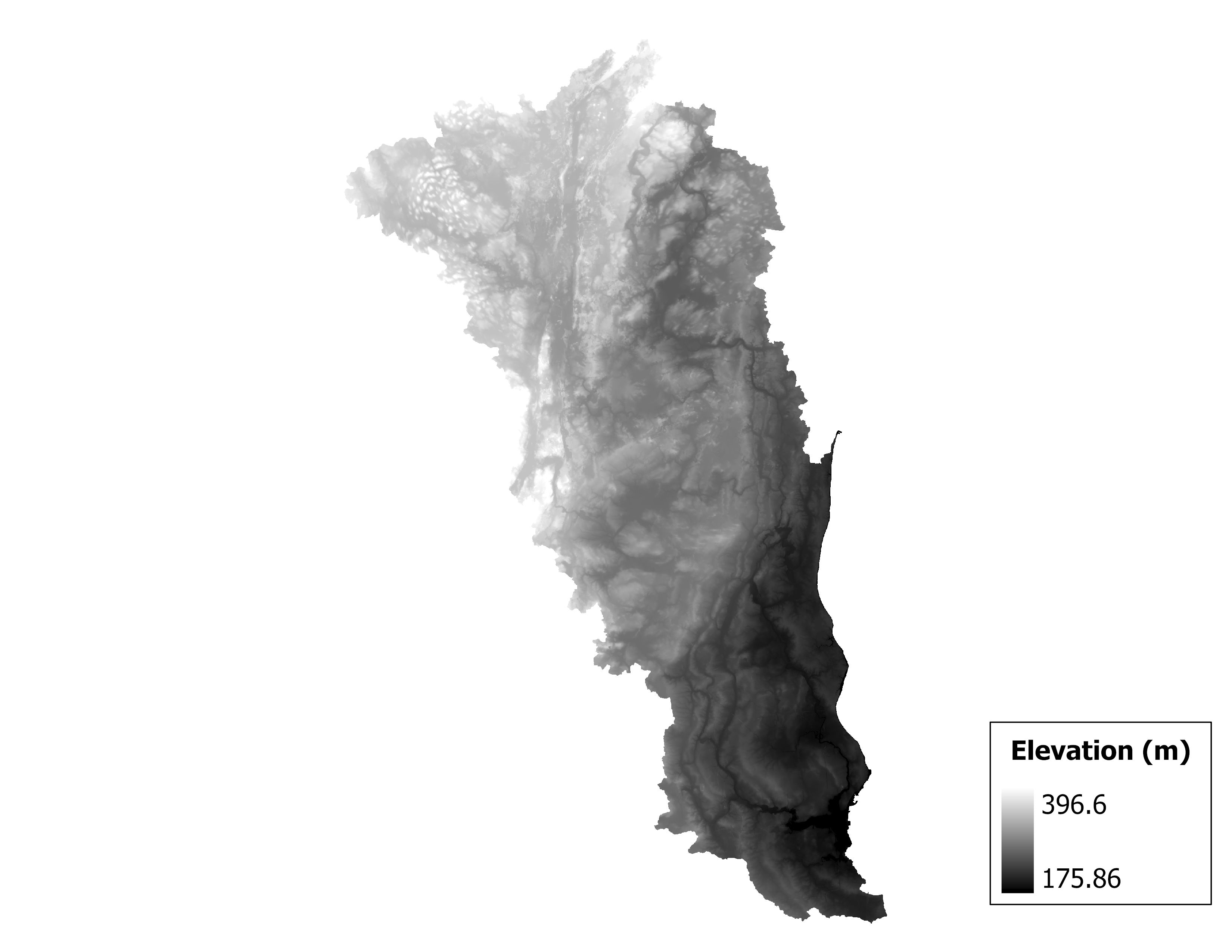 Figure 1.2: Map of elevation in the Milwaukee subbasin. Blue stars indicate the watershed drainage point.