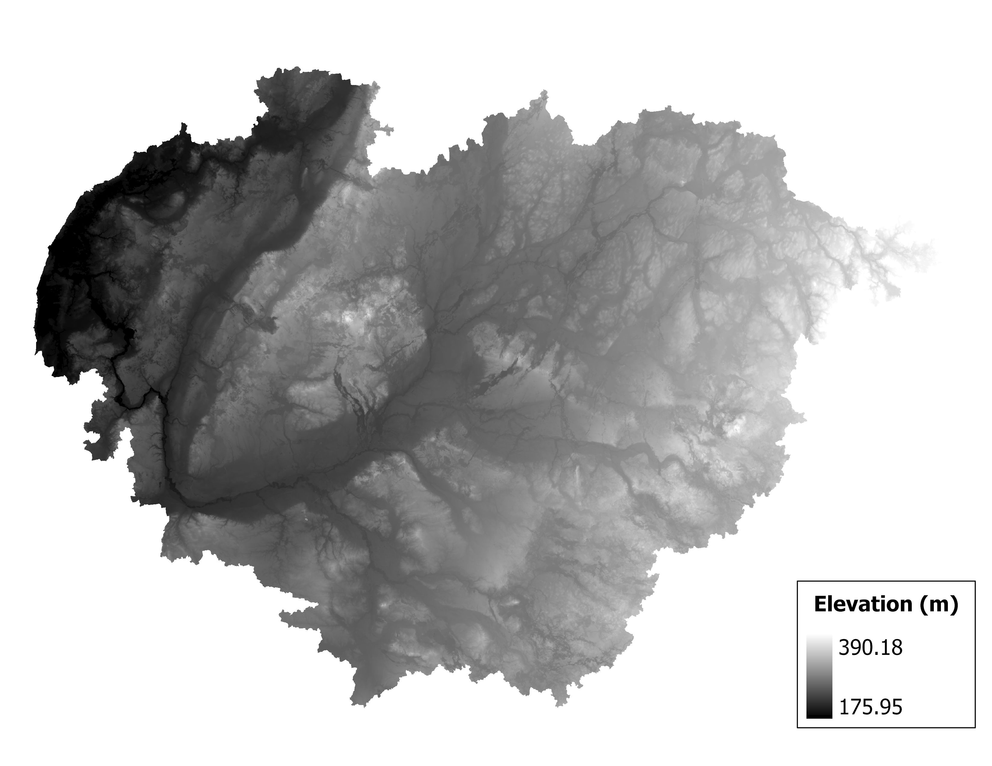 Figure 1.2: Map of elevation in the St. Joseph subbasin. Blue stars indicate the watershed drainage point.