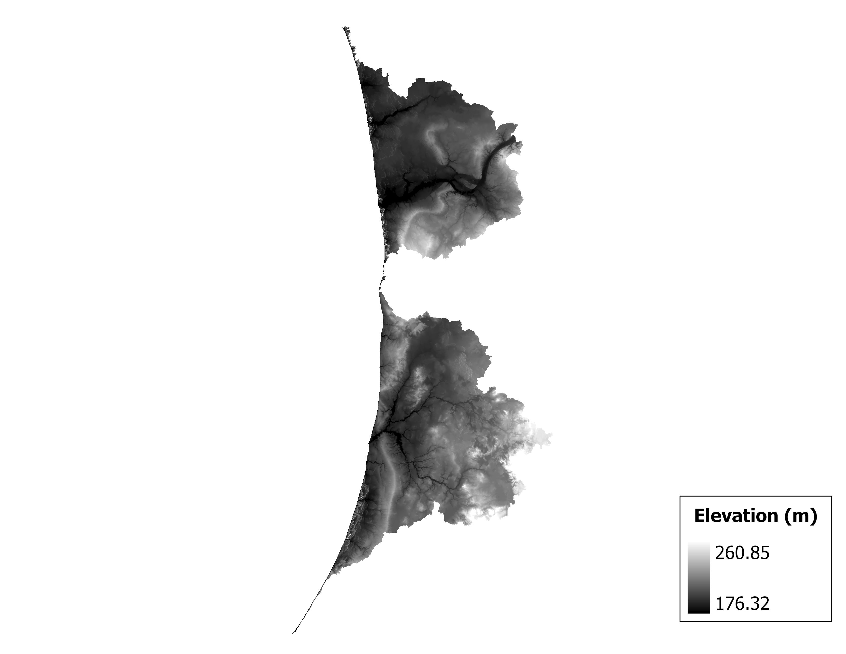 Figure 1.2: Map of elevation in the Black-Macatawa subbasin. Blue stars indicate the watershed drainage point.