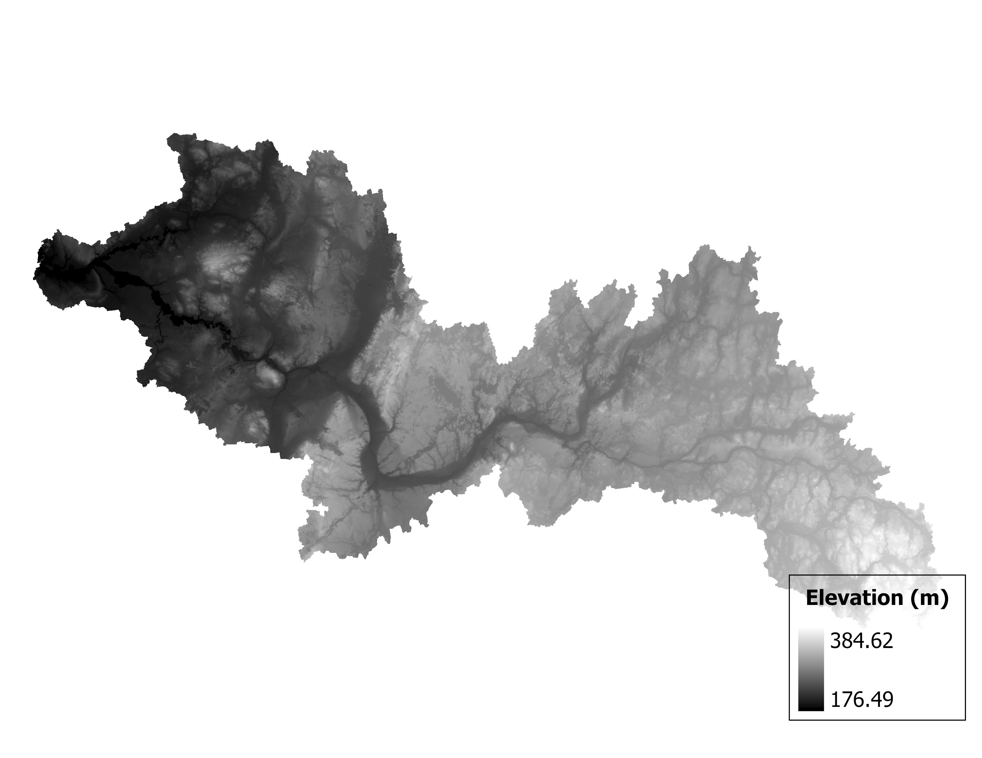 Figure 1.2: Map of elevation in the Kalamazoo subbasin. Blue stars indicate the watershed drainage point.