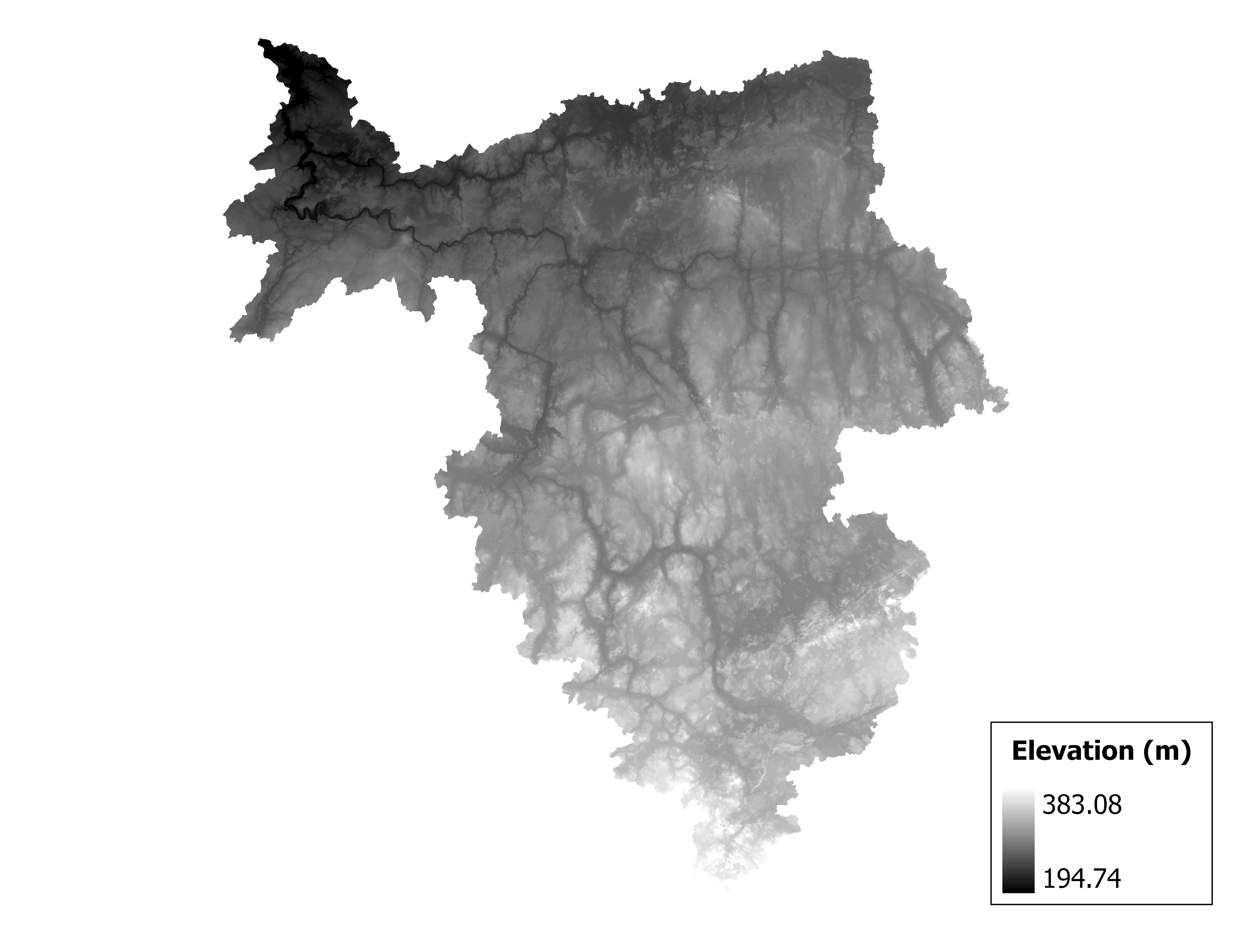 Figure 1.2: Map of elevation in the Upper Grand subbasin. Blue stars indicate the watershed drainage point.