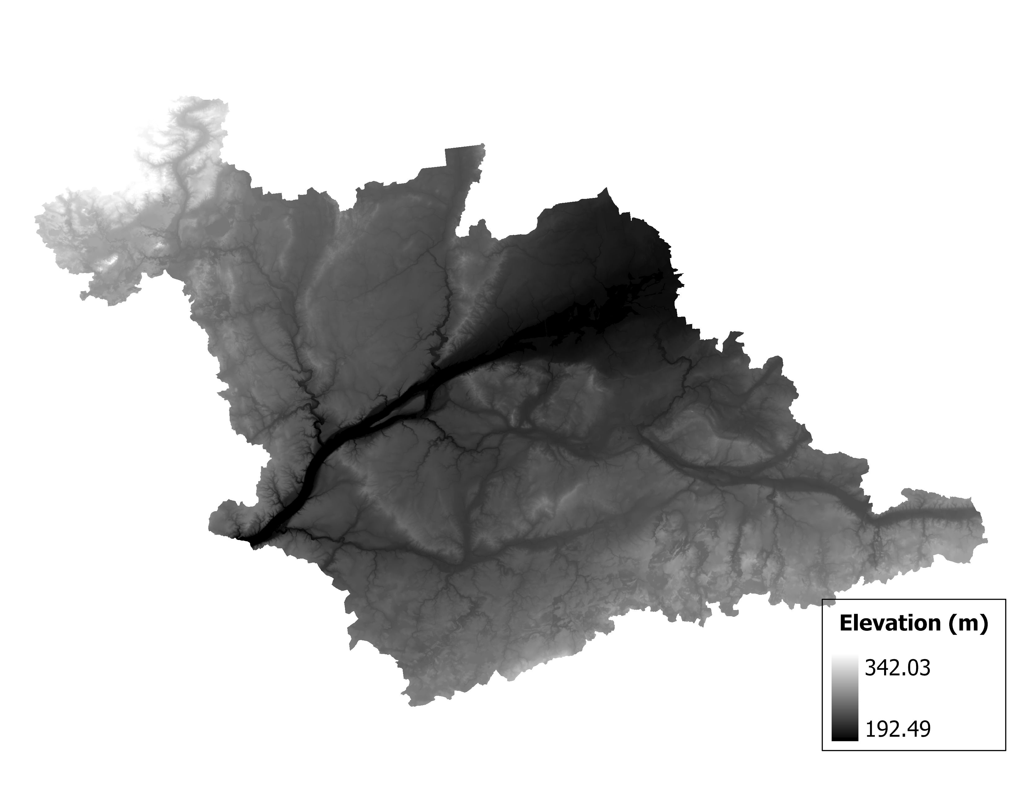 Figure 1.2: Map of elevation in the Maple subbasin. Blue stars indicate the watershed drainage point.