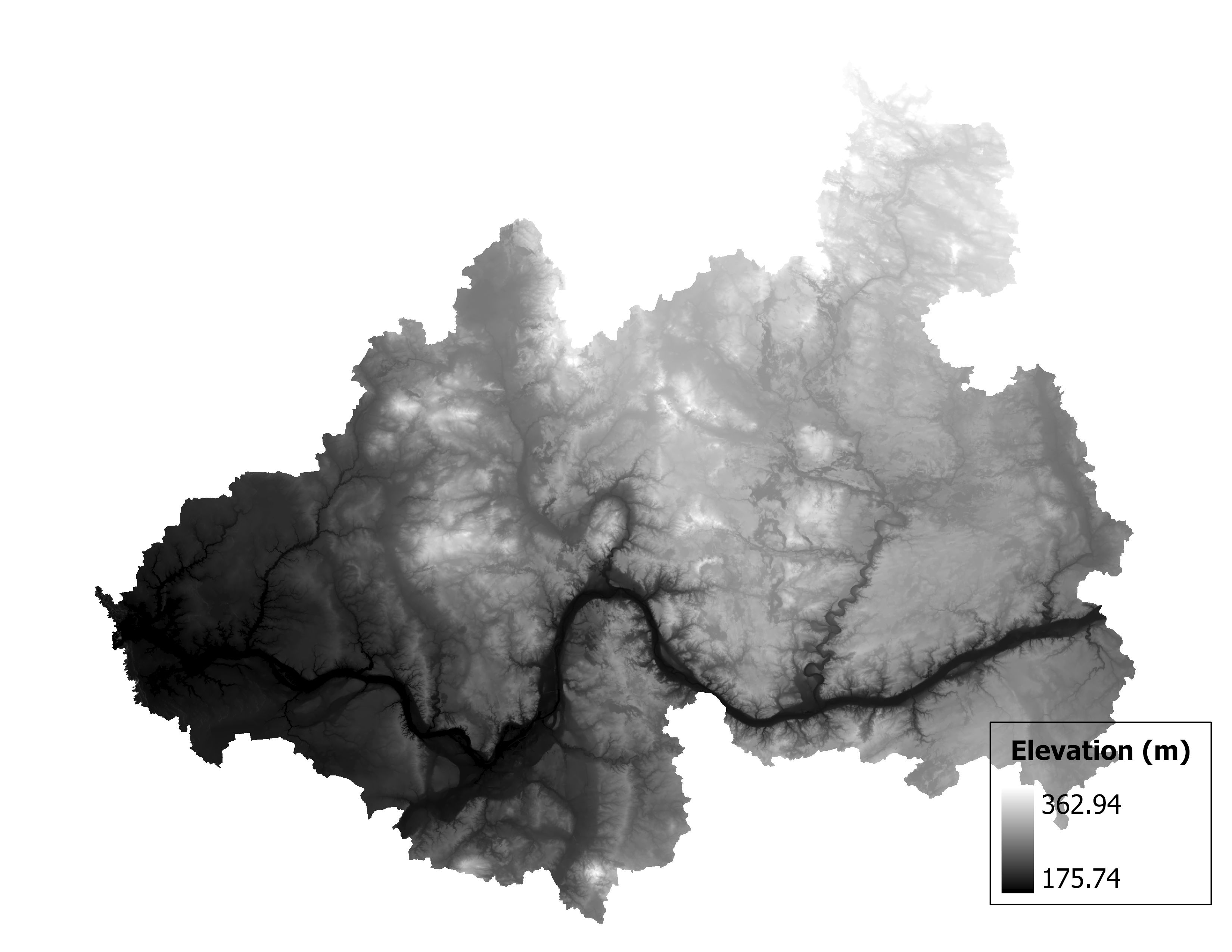 Figure 1.2: Map of elevation in the Lower Grand subbasin. Blue stars indicate the watershed drainage point.