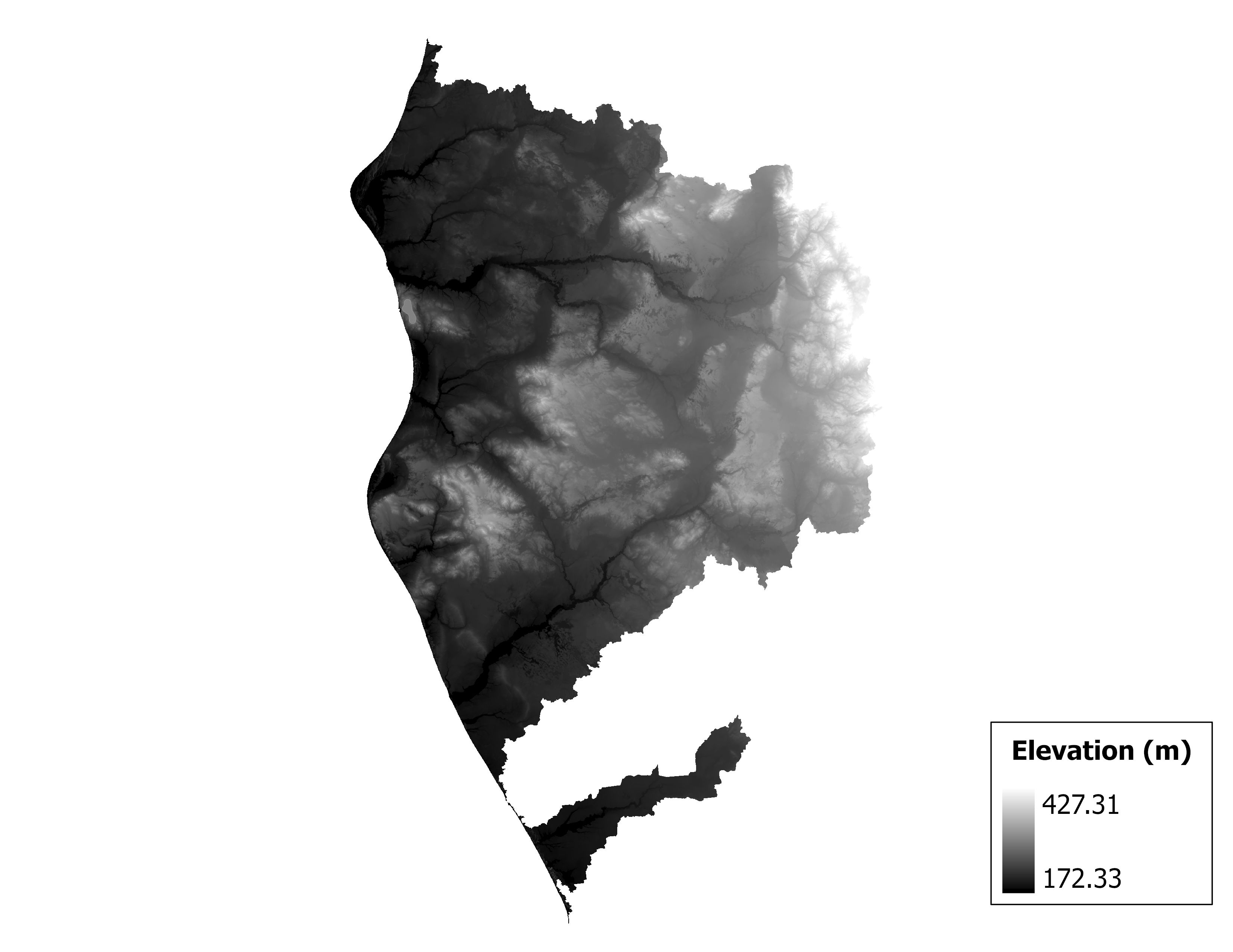 Figure 1.2: Map of elevation in the Pere Marquette-White subbasin. Blue stars indicate the watershed drainage point.