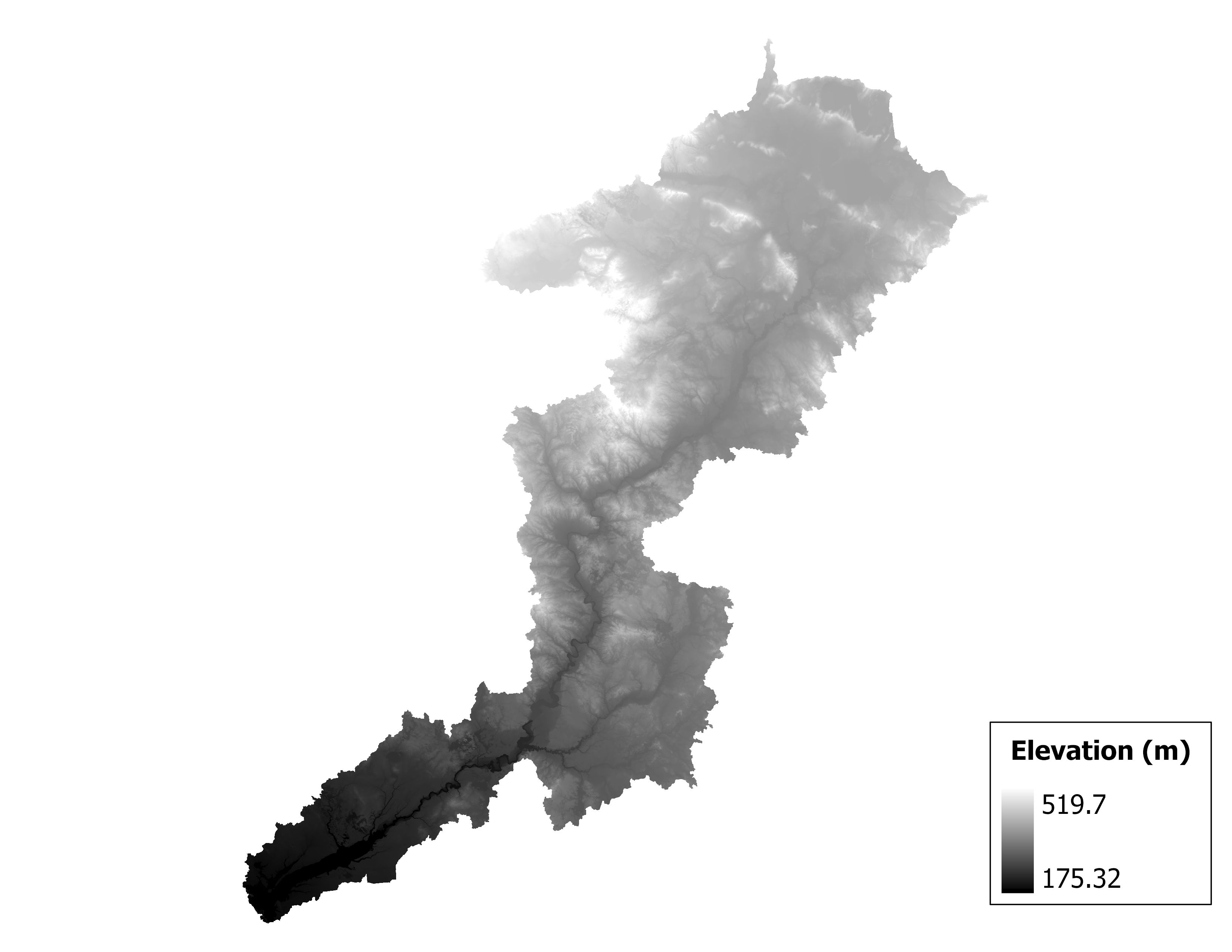 Figure 1.2: Map of elevation in the Muskegon subbasin. Blue stars indicate the watershed drainage point.