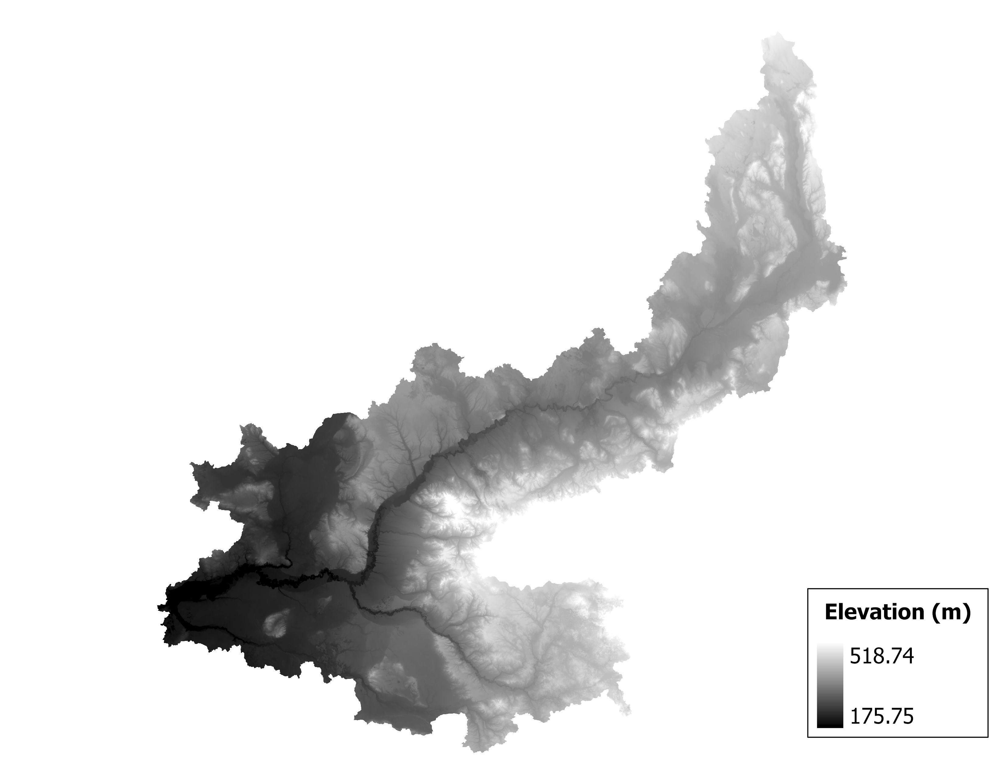 Figure 1.2: Map of elevation in the Manistee subbasin. Blue stars indicate the watershed drainage point.