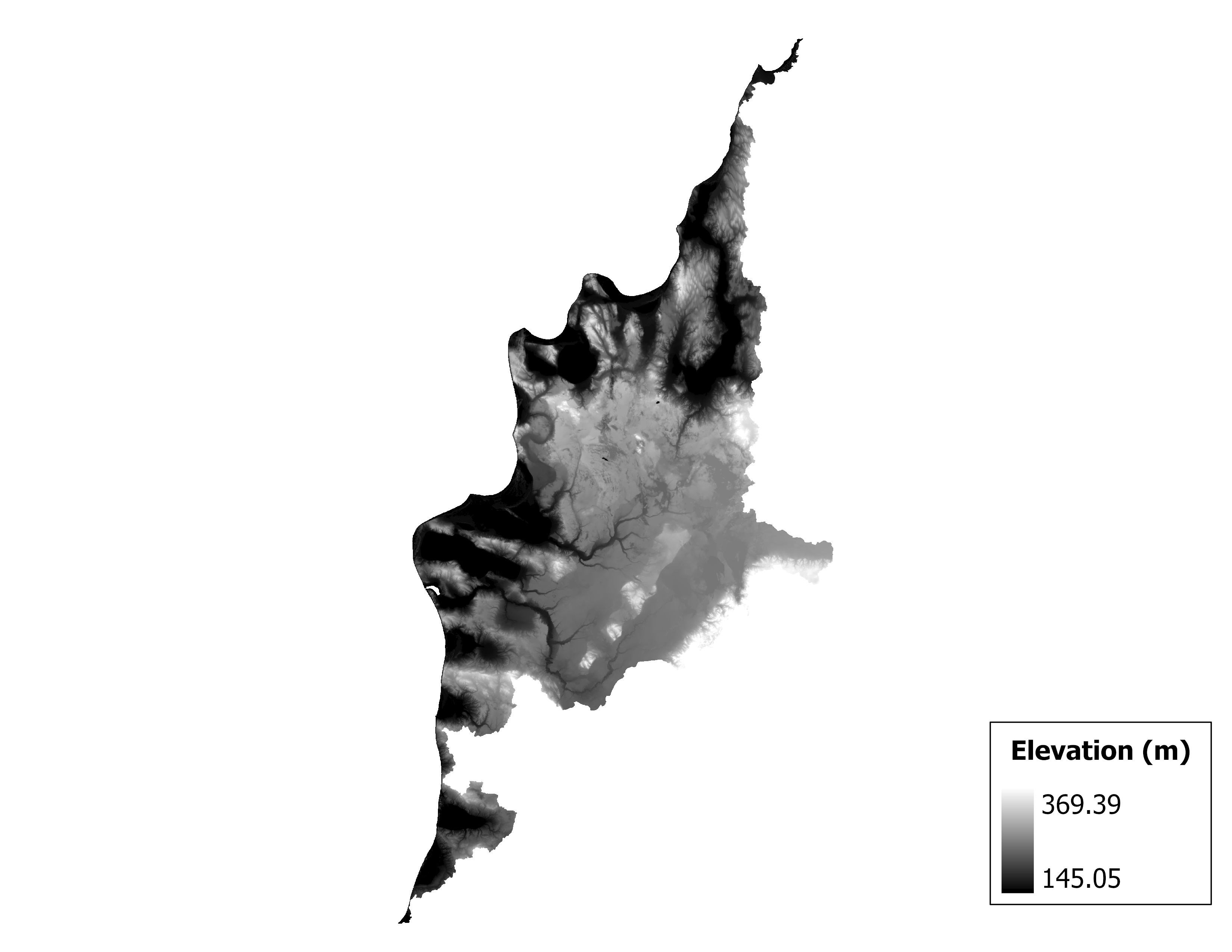 Figure 1.2: Map of elevation in the Betsie-Platte subbasin. Blue stars indicate the watershed drainage point.