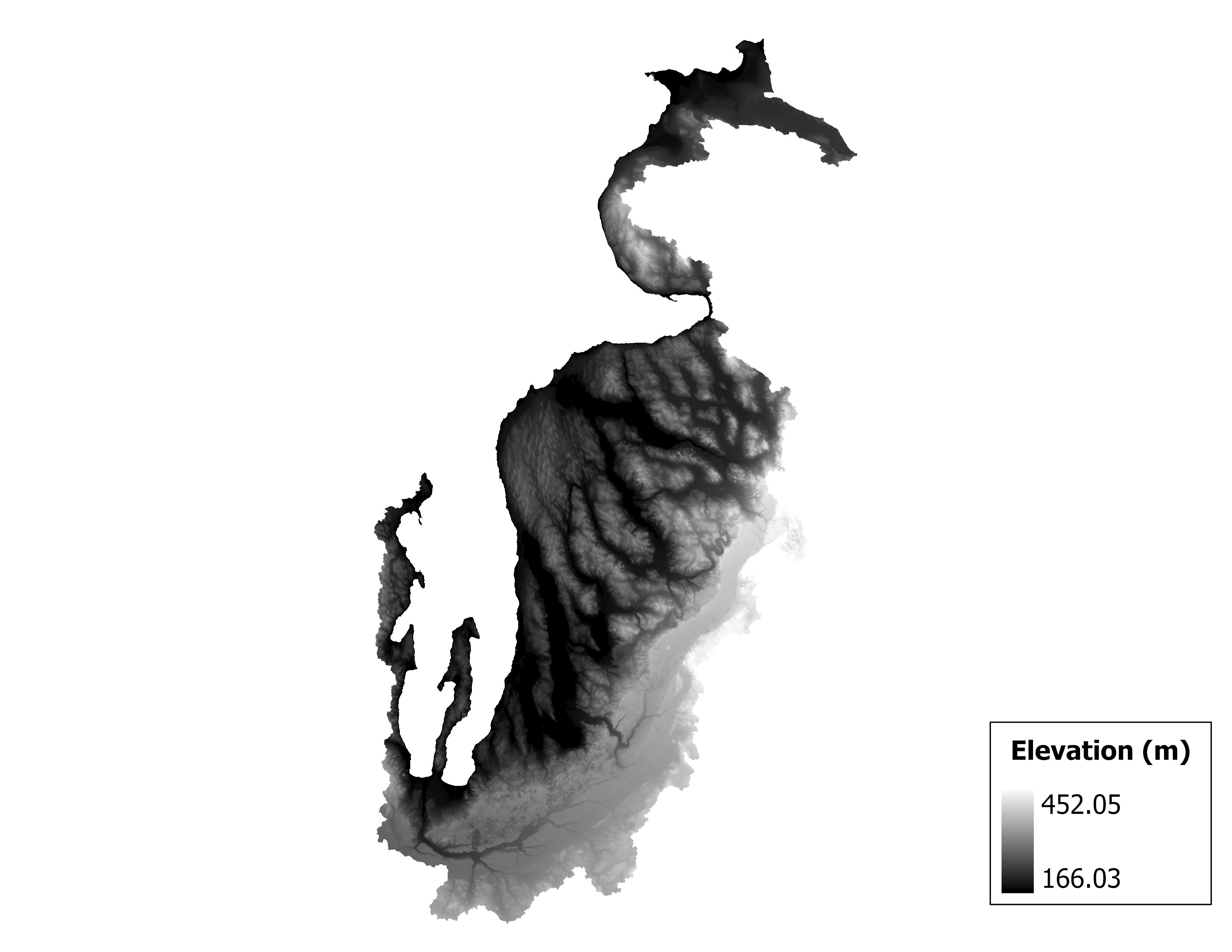 Figure 1.2: Map of elevation in the Boardman-Charlevoix subbasin. Blue stars indicate the watershed drainage point.