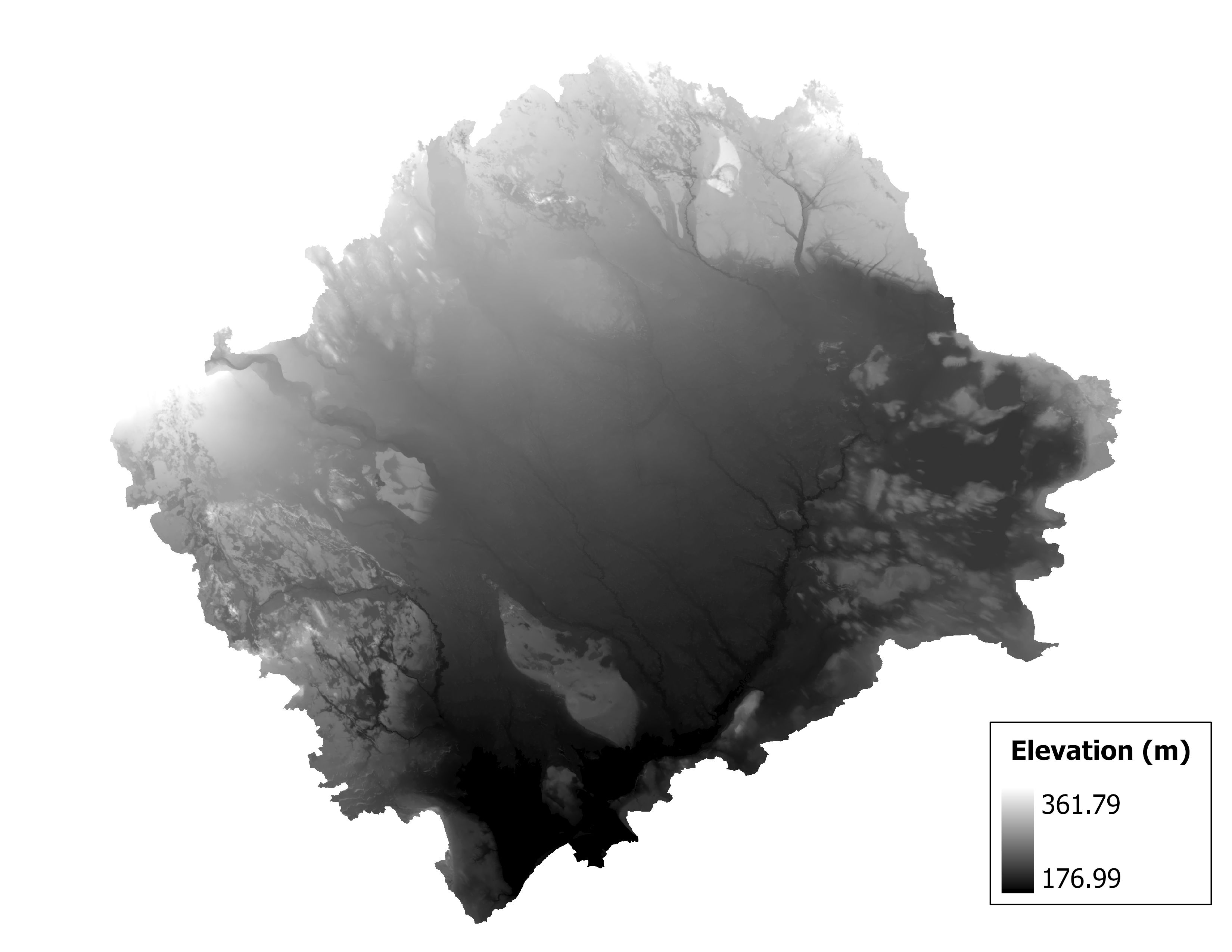 Figure 1.2: Map of elevation in the Manistique subbasin. Blue stars indicate the watershed drainage point.