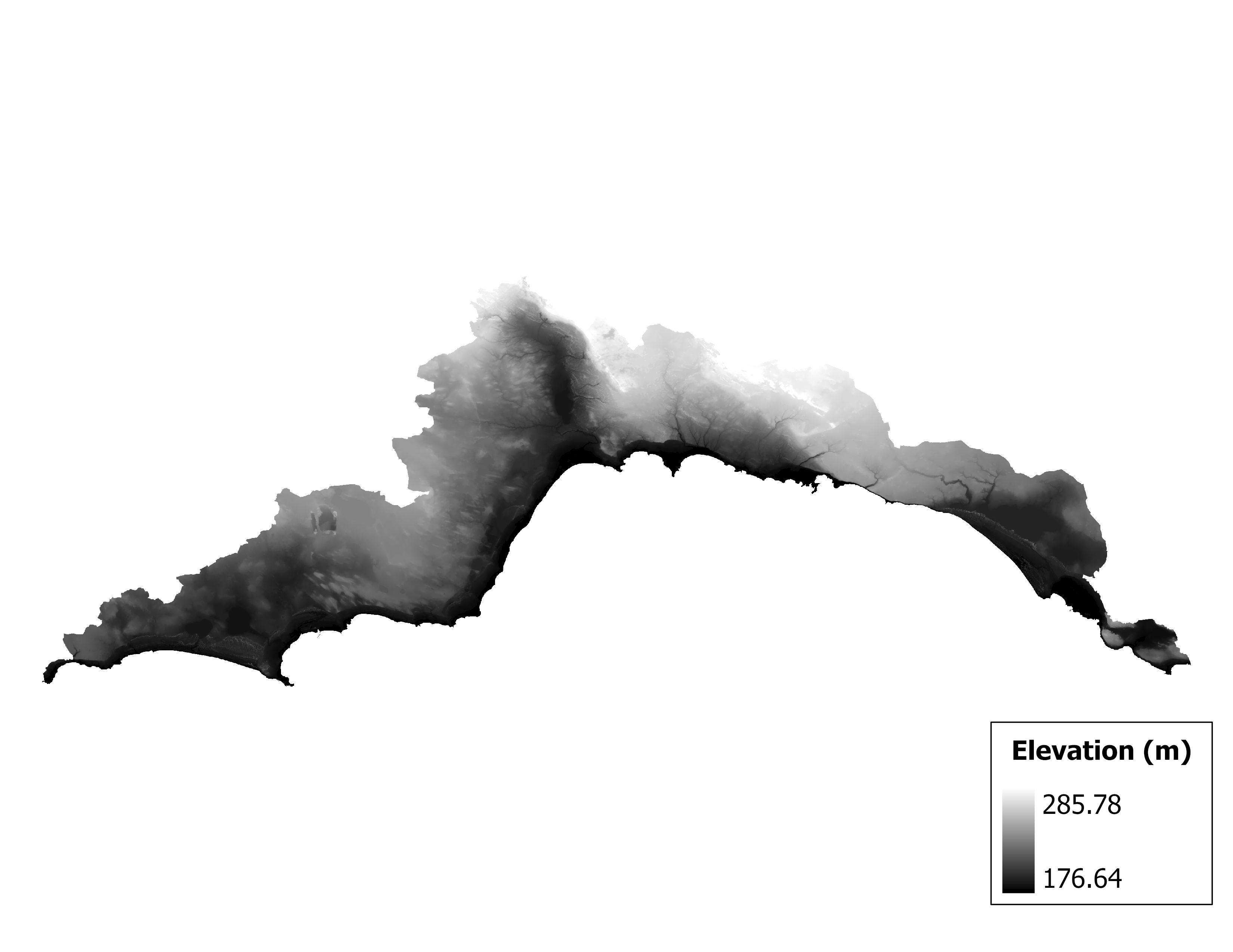 Figure 1.2: Map of elevation in the Brevoort-Millecoquins subbasin. Blue stars indicate the watershed drainage point.