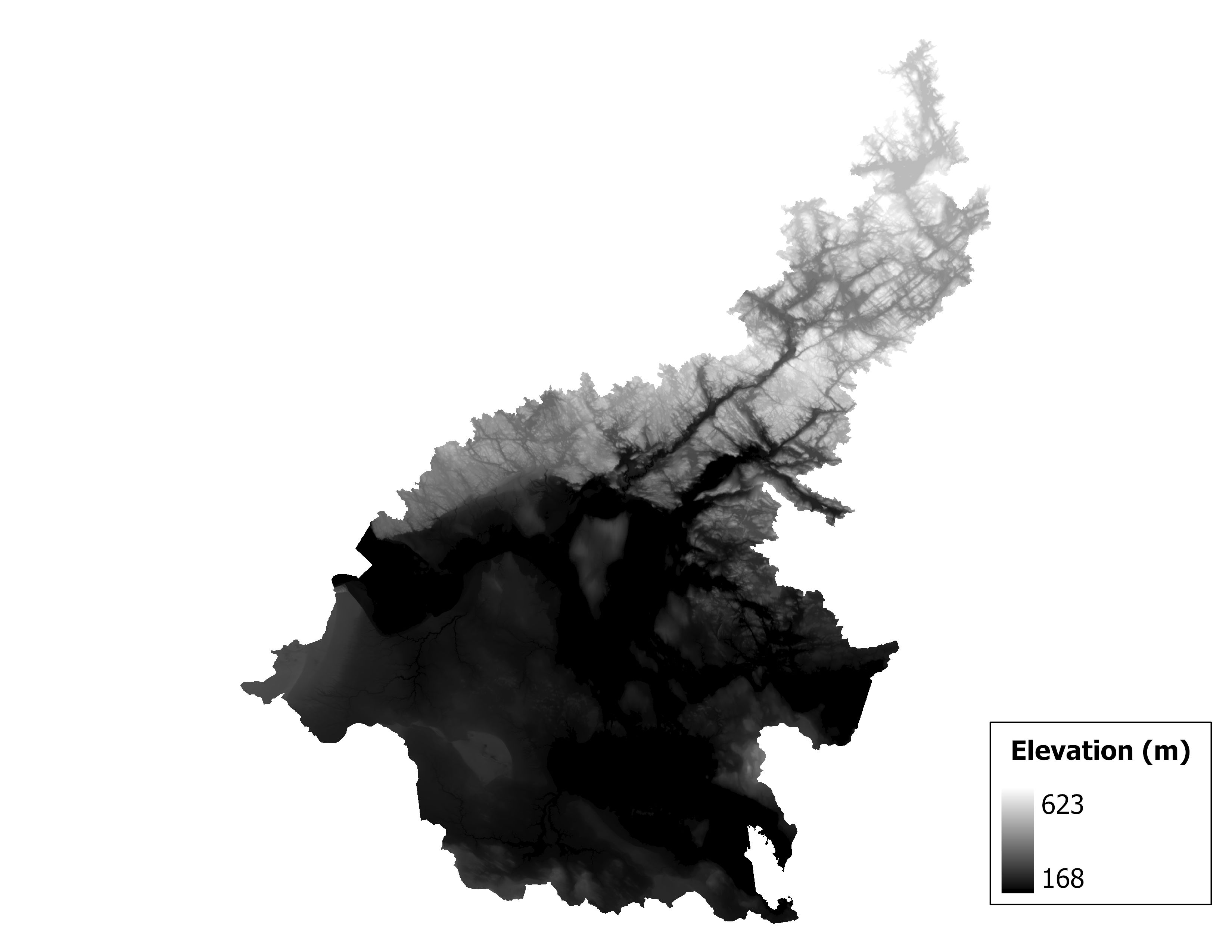 Figure 1.2: Map of elevation in the St. Marys subbasin. Blue stars indicate the watershed drainage point.