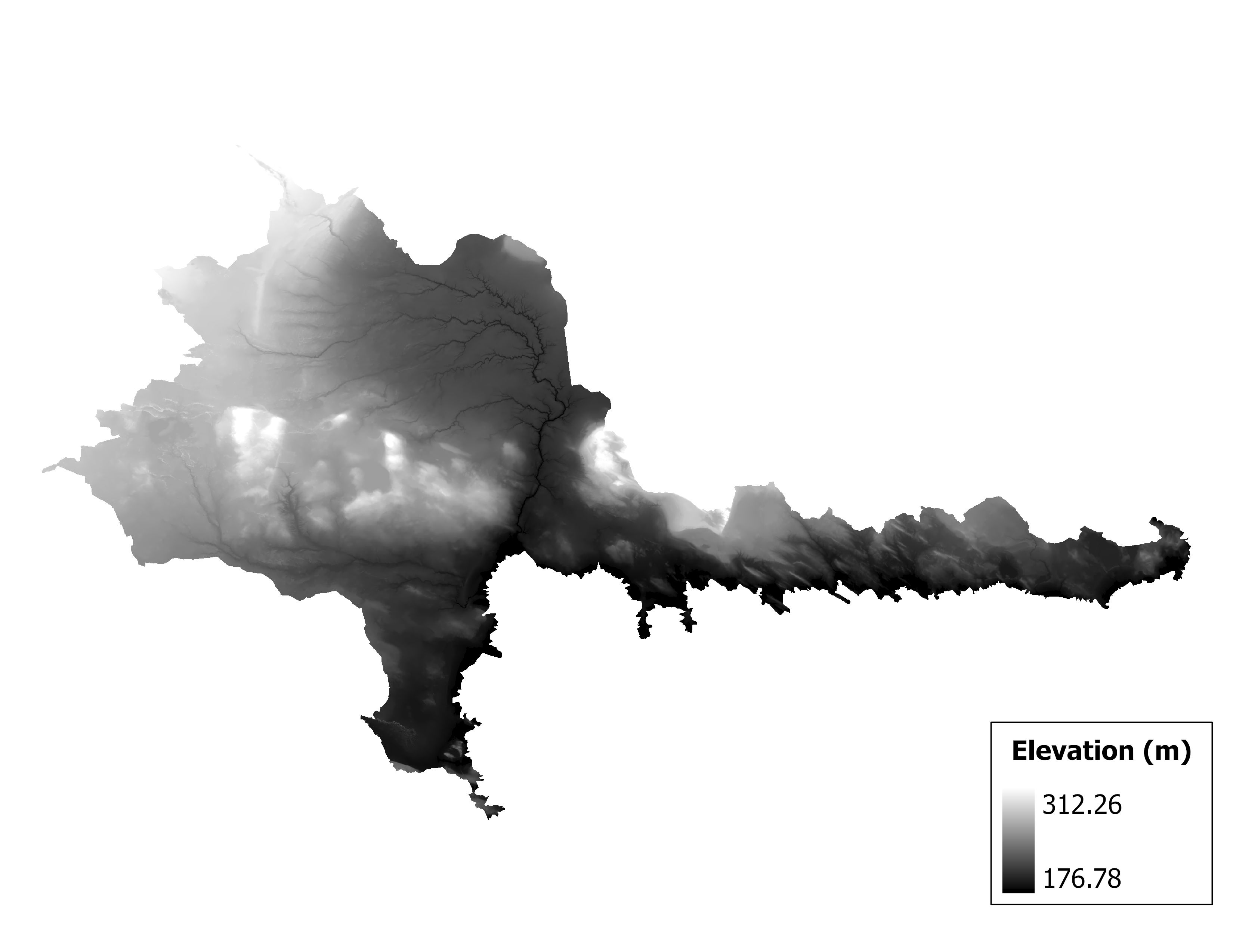 Figure 1.2: Map of elevation in the Carp-Pine subbasin. Blue stars indicate the watershed drainage point.