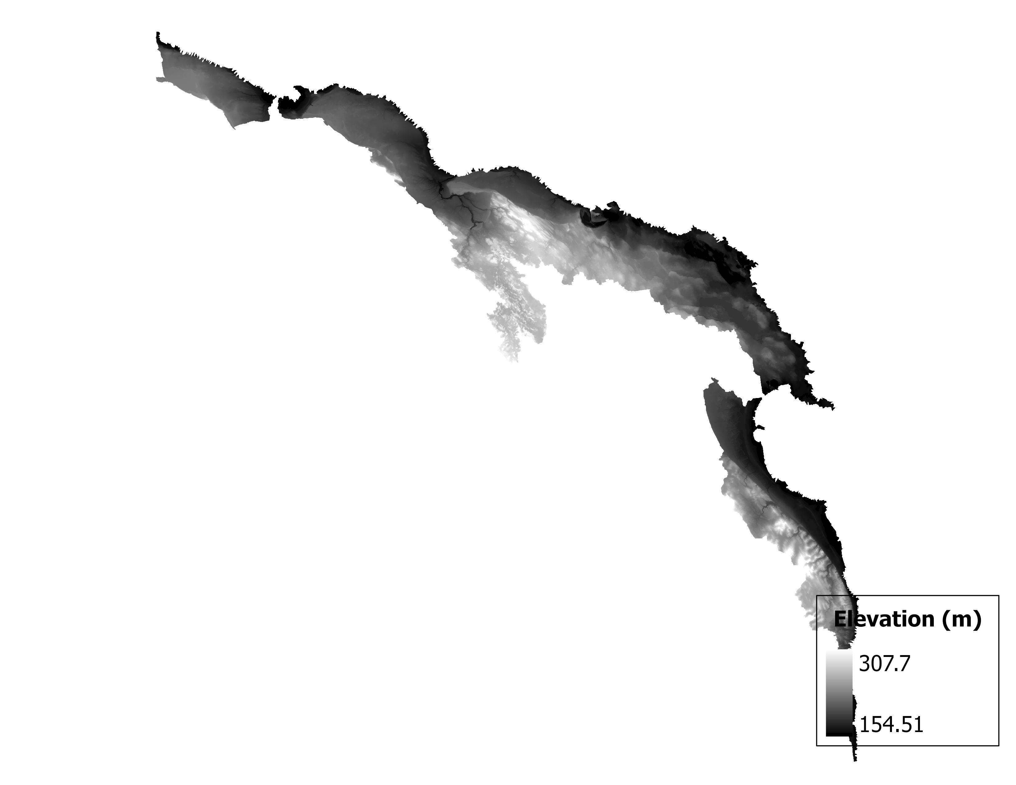 Figure 1.2: Map of elevation in the Lone Lake-Ocqueoc subbasin. Blue stars indicate the watershed drainage point.