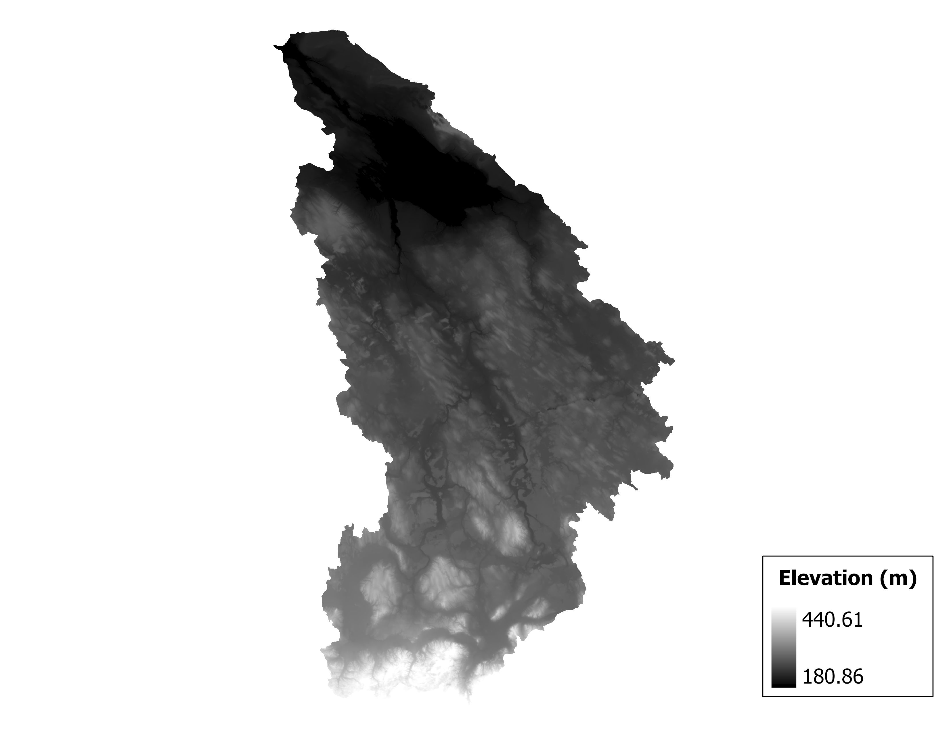 Figure 1.2: Map of elevation in the Black subbasin. Blue stars indicate the watershed drainage point.