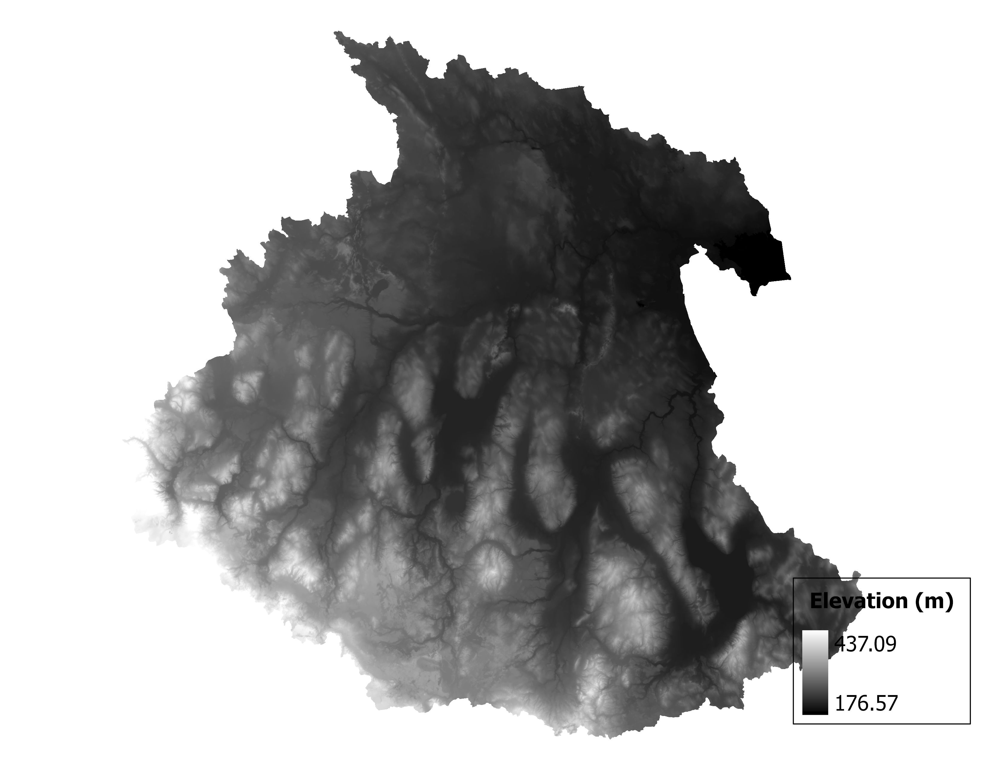 Figure 1.2: Map of elevation in the Thunder Bay subbasin. Blue stars indicate the watershed drainage point.