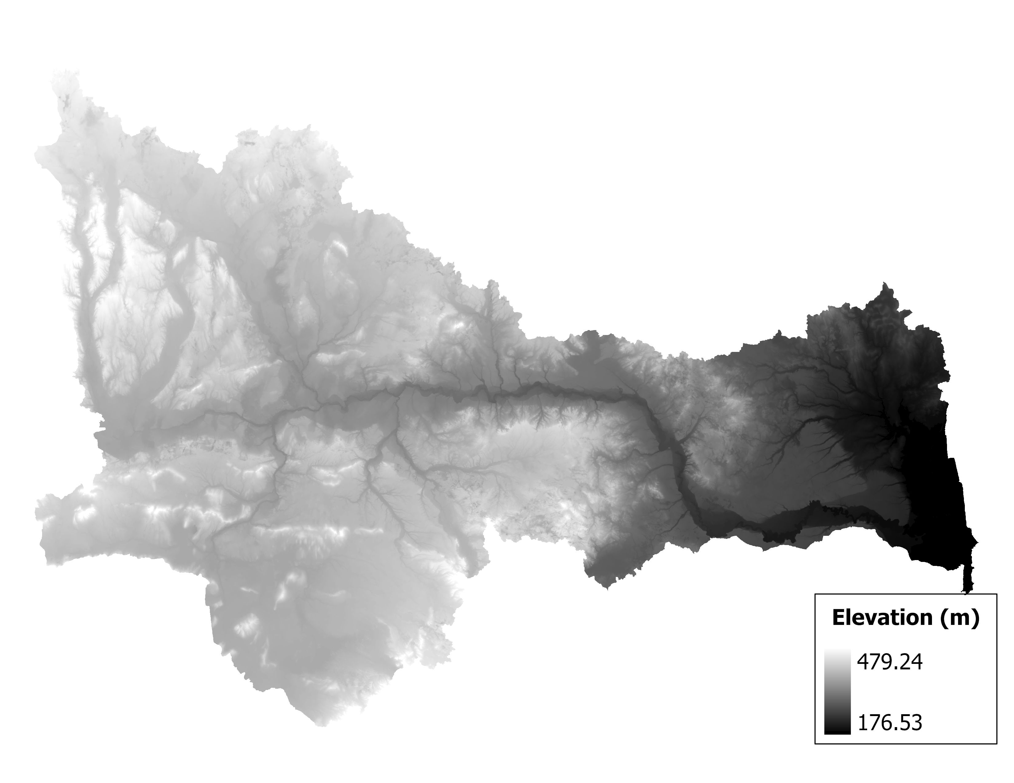 Figure 1.2: Map of elevation in the Au Sable subbasin. Blue stars indicate the watershed drainage point.