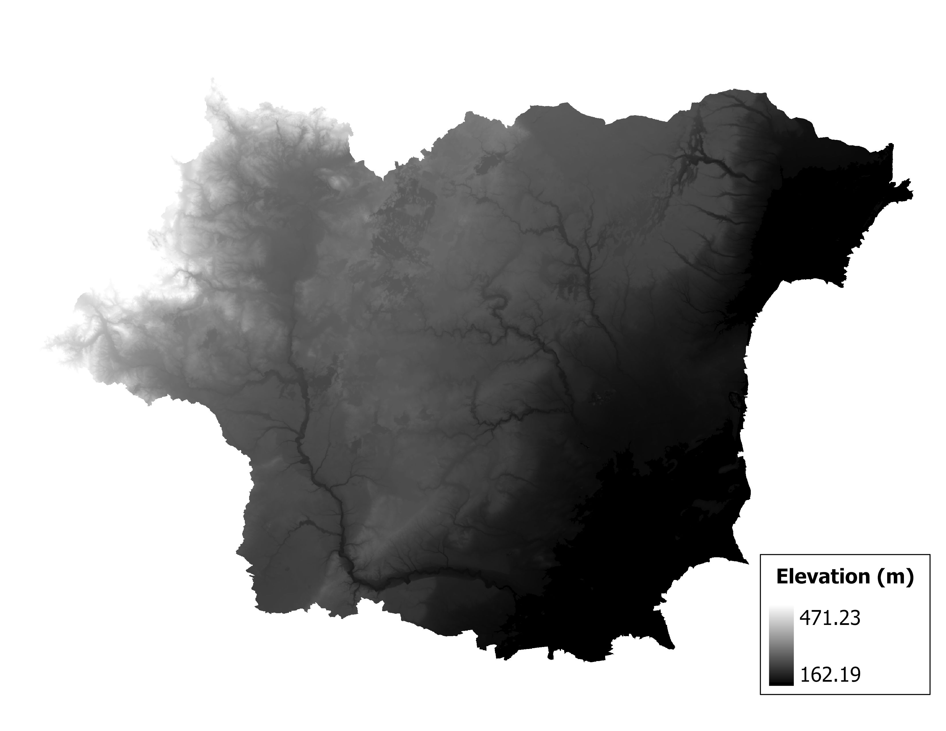 Figure 1.2: Map of elevation in the Au Gres-Rifle subbasin. Blue stars indicate the watershed drainage point.