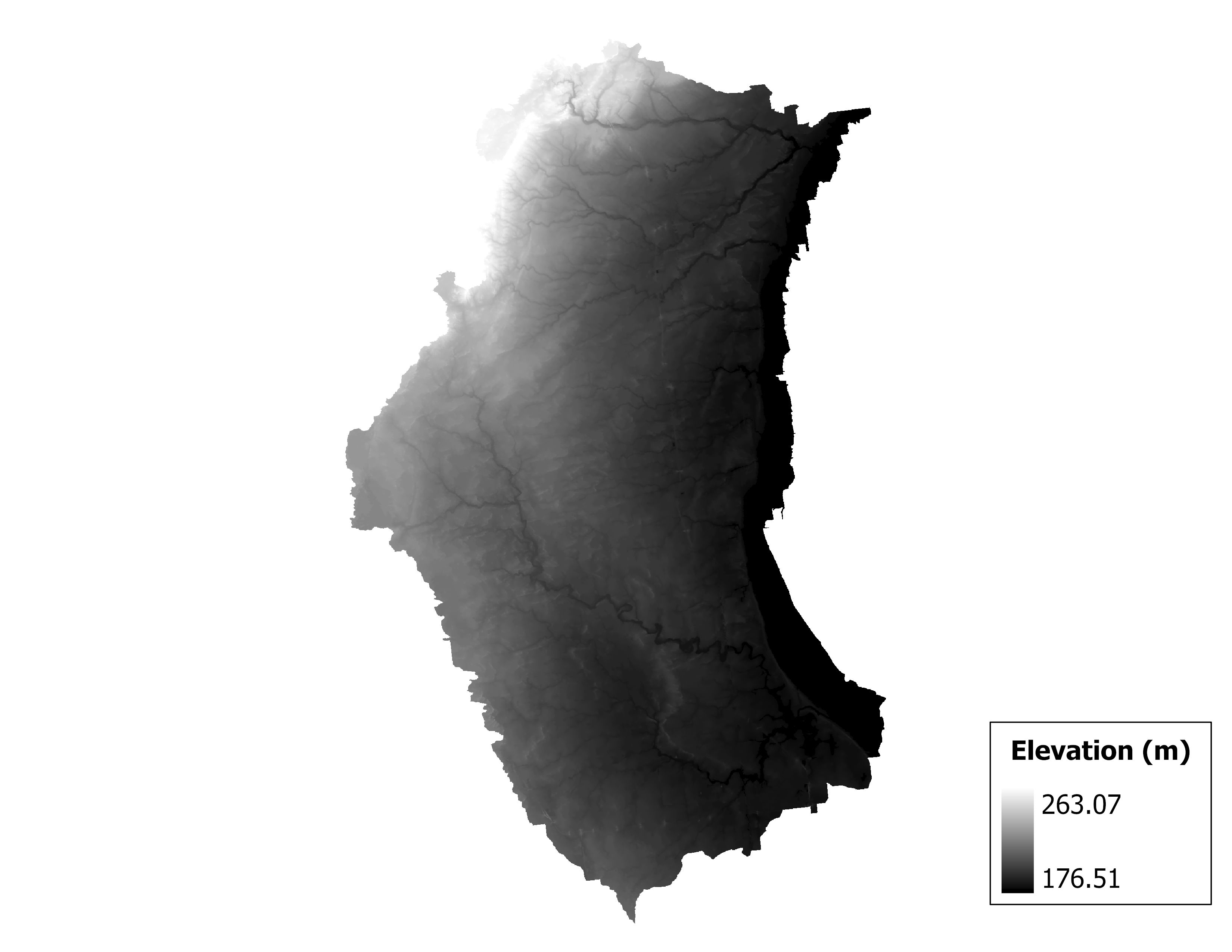 Figure 1.2: Map of elevation in the Kawkawlin-Pine subbasin. Blue stars indicate the watershed drainage point.