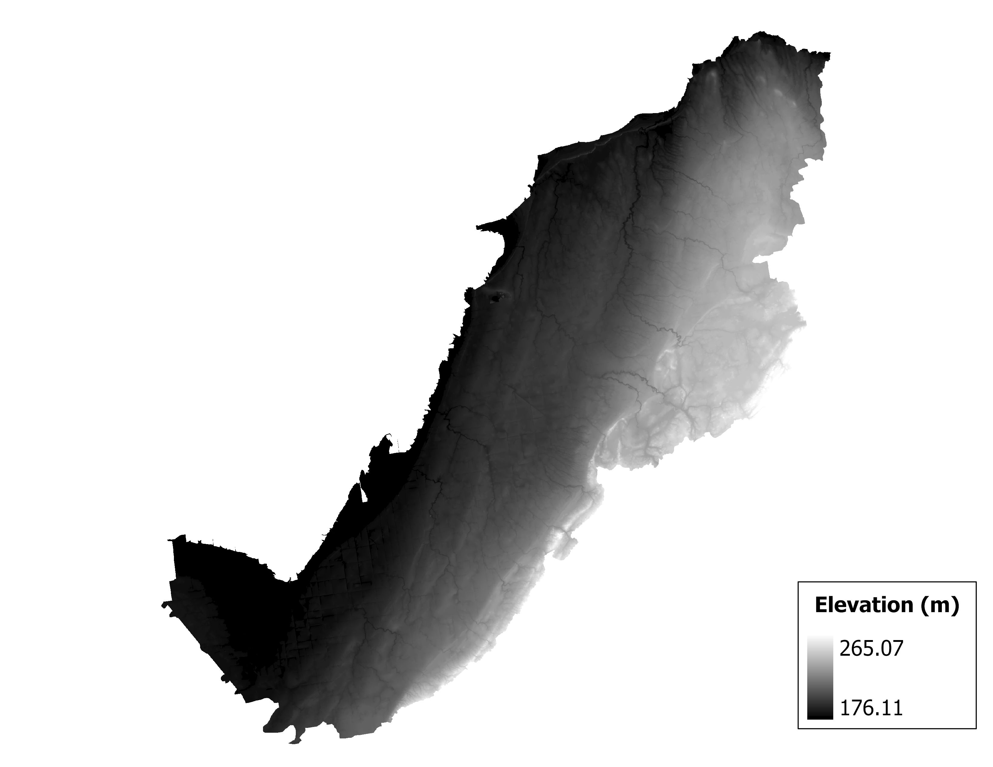 Figure 1.2: Map of elevation in the Pigeon-Wiscoggin subbasin. Blue stars indicate the watershed drainage point.