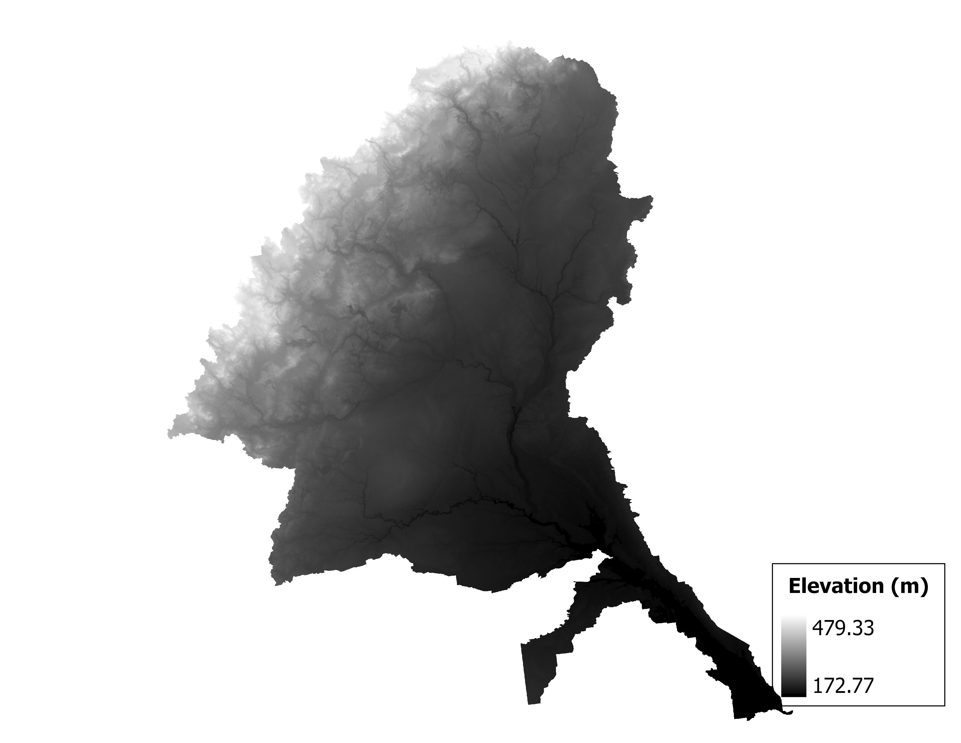 Figure 1.2: Map of elevation in the Tittabawassee subbasin. Blue stars indicate the watershed drainage point.