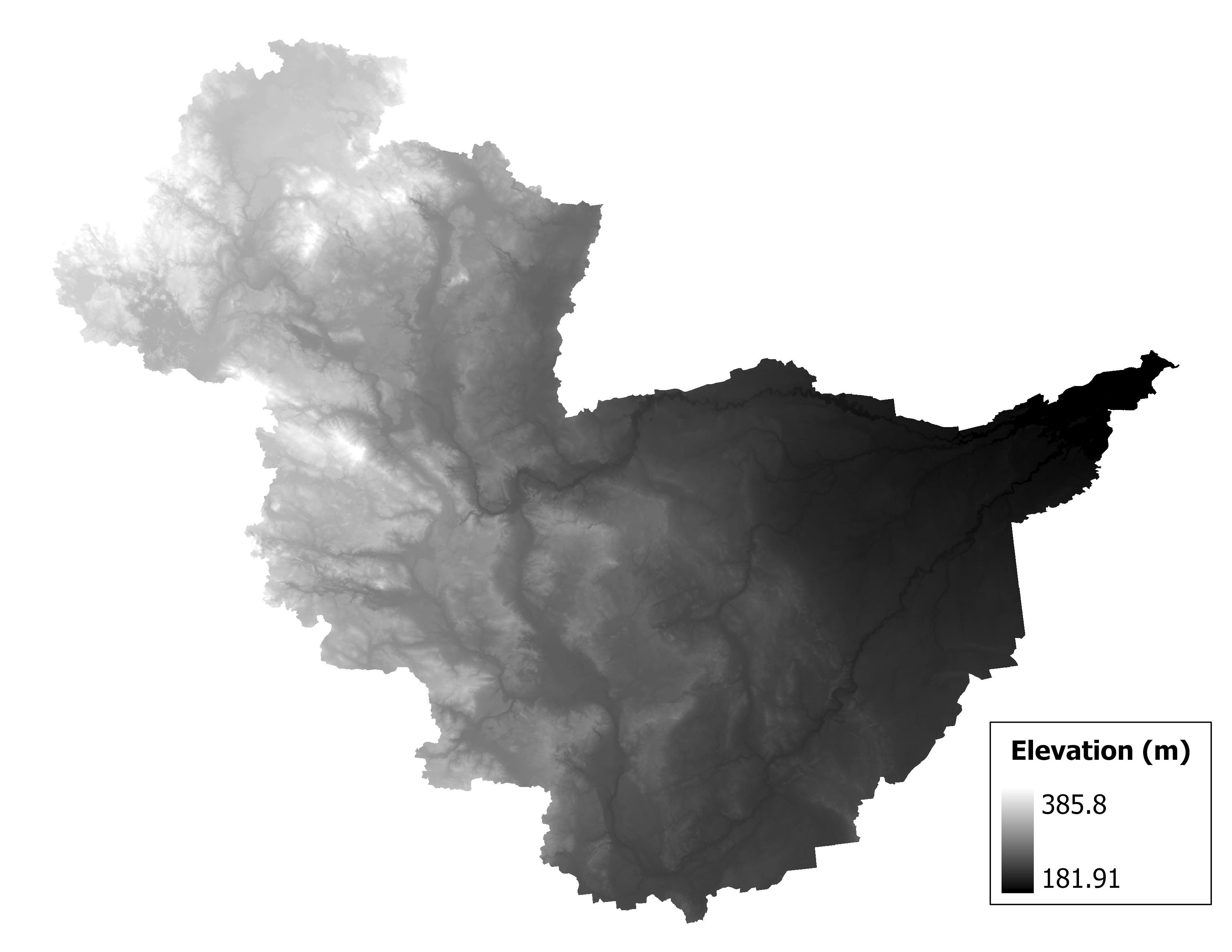 Figure 1.2: Map of elevation in the Pine subbasin. Blue stars indicate the watershed drainage point.