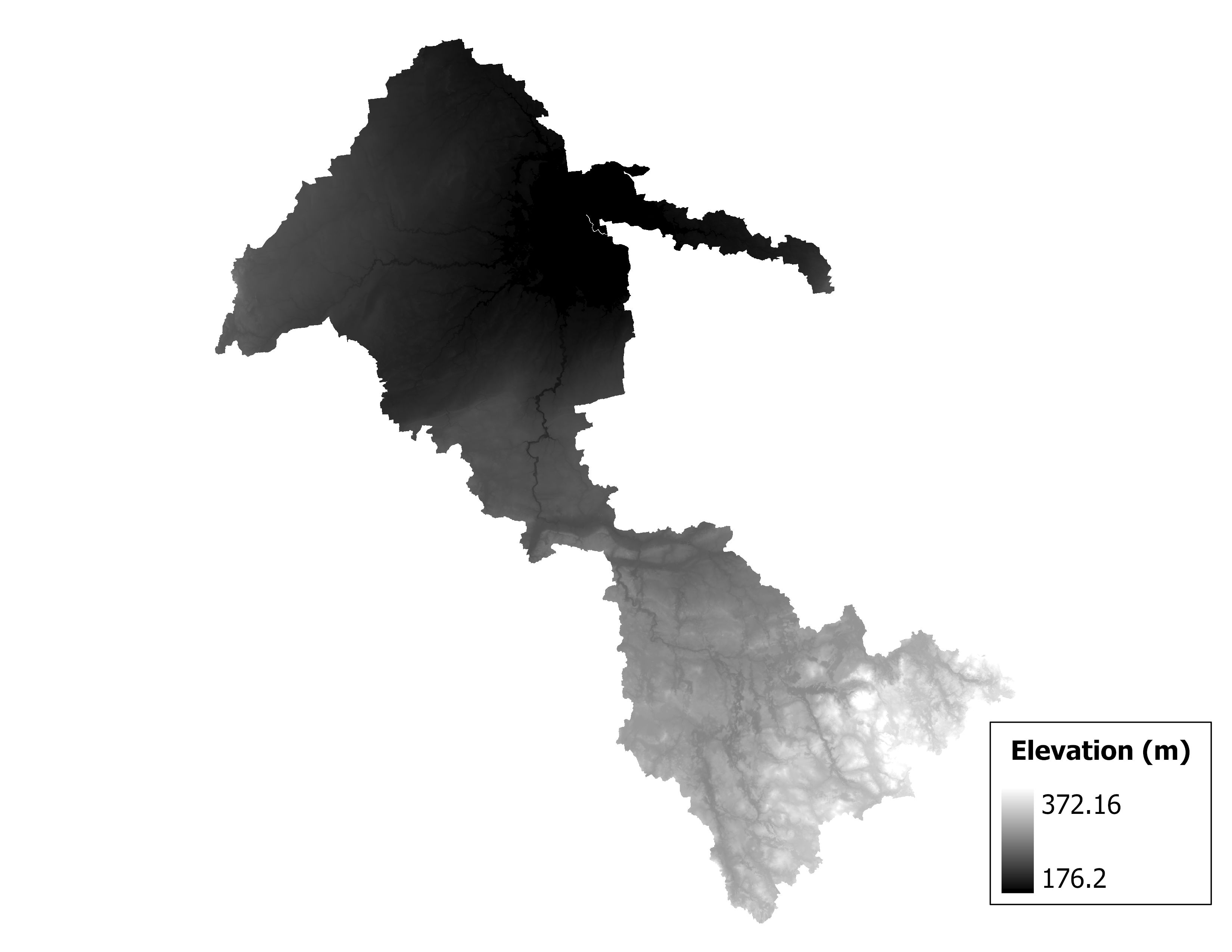 Figure 1.2: Map of elevation in the Shiawassee subbasin. Blue stars indicate the watershed drainage point.